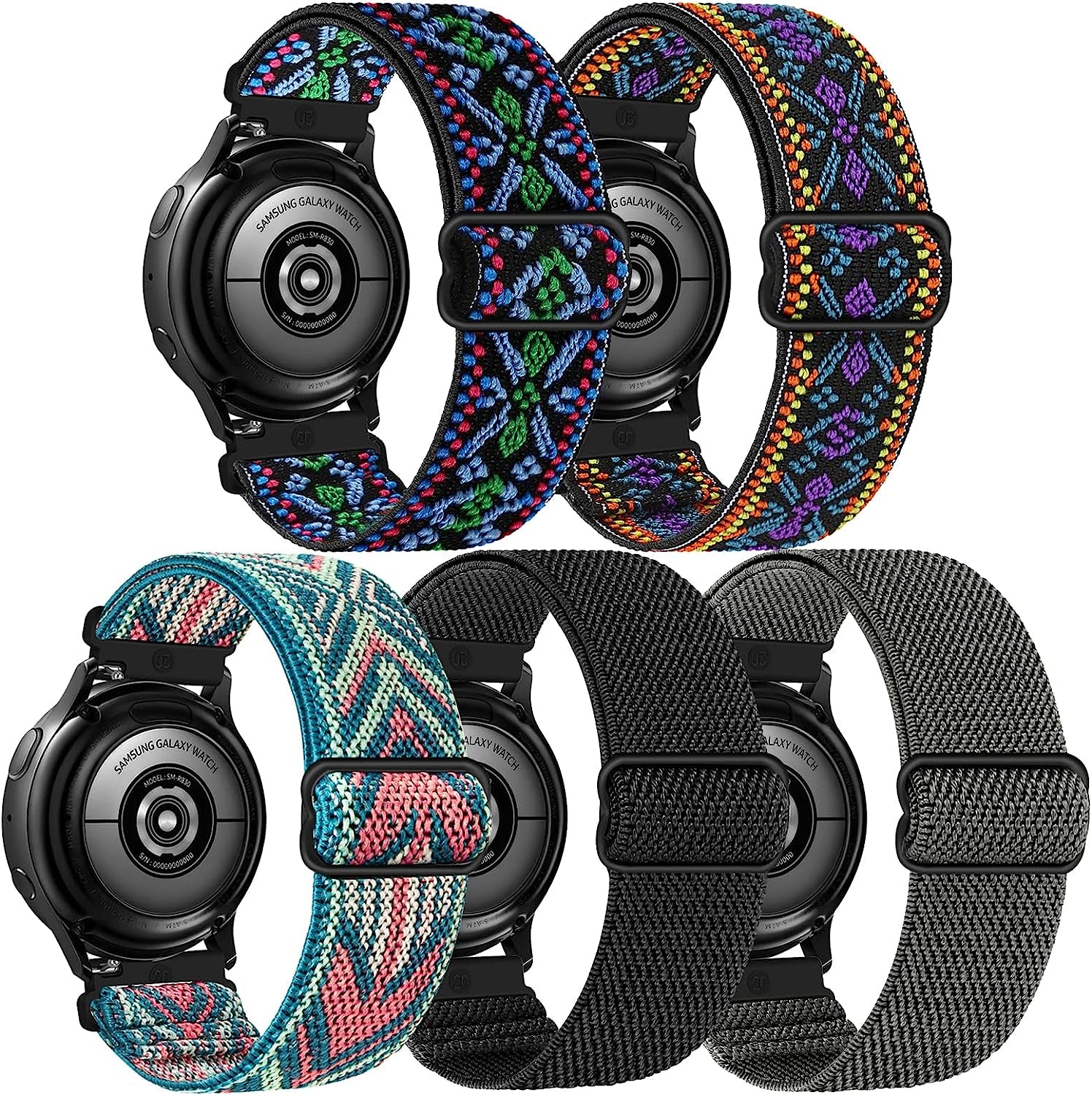 5 Pack Stretchy Nylon Watch Bands Compatible with Samsung Galaxy Watch Active 2 Bands 40Mm 44Mm/ Galaxy Watch 4 Band/Watch 4 Classic Band 42Mm 46Mm, 20Mm Watch Band for Galaxy Watch 3 Band  GrTrees Black/Grey/Aztec P/Aztec G/GreenArrow  