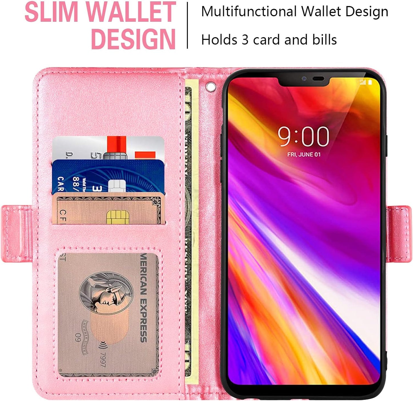 Compatible with LG G7 Thinq Wallet Case and Tempered Glass Screen Protector Card Holder Stand Phone Cover for LGG7 One G 7 plus LG7 Fit Lg7Thinq 7G Thin Q G7+ G7Thinq Lgg7Thinq Women Men Rose Gold  Asuwish   