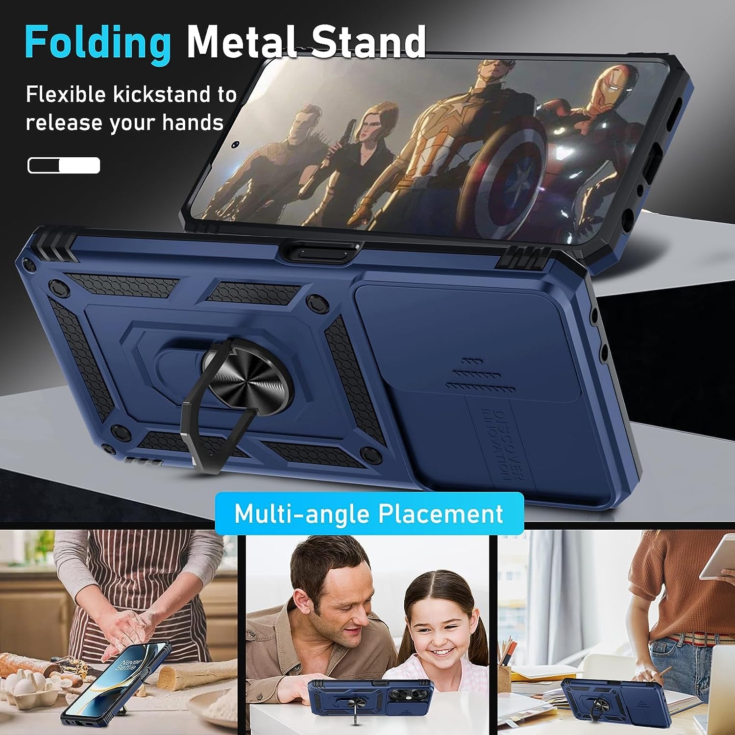 Janmitta Oneplus Nord N30 5G Case Built in Slide Camera Lens Cover+Screen Protector+Finger Ring Holder Kickstand,Heavy Duty Shockproof Full Body Protective Phone Cover,2023 Blue  Janmitta   