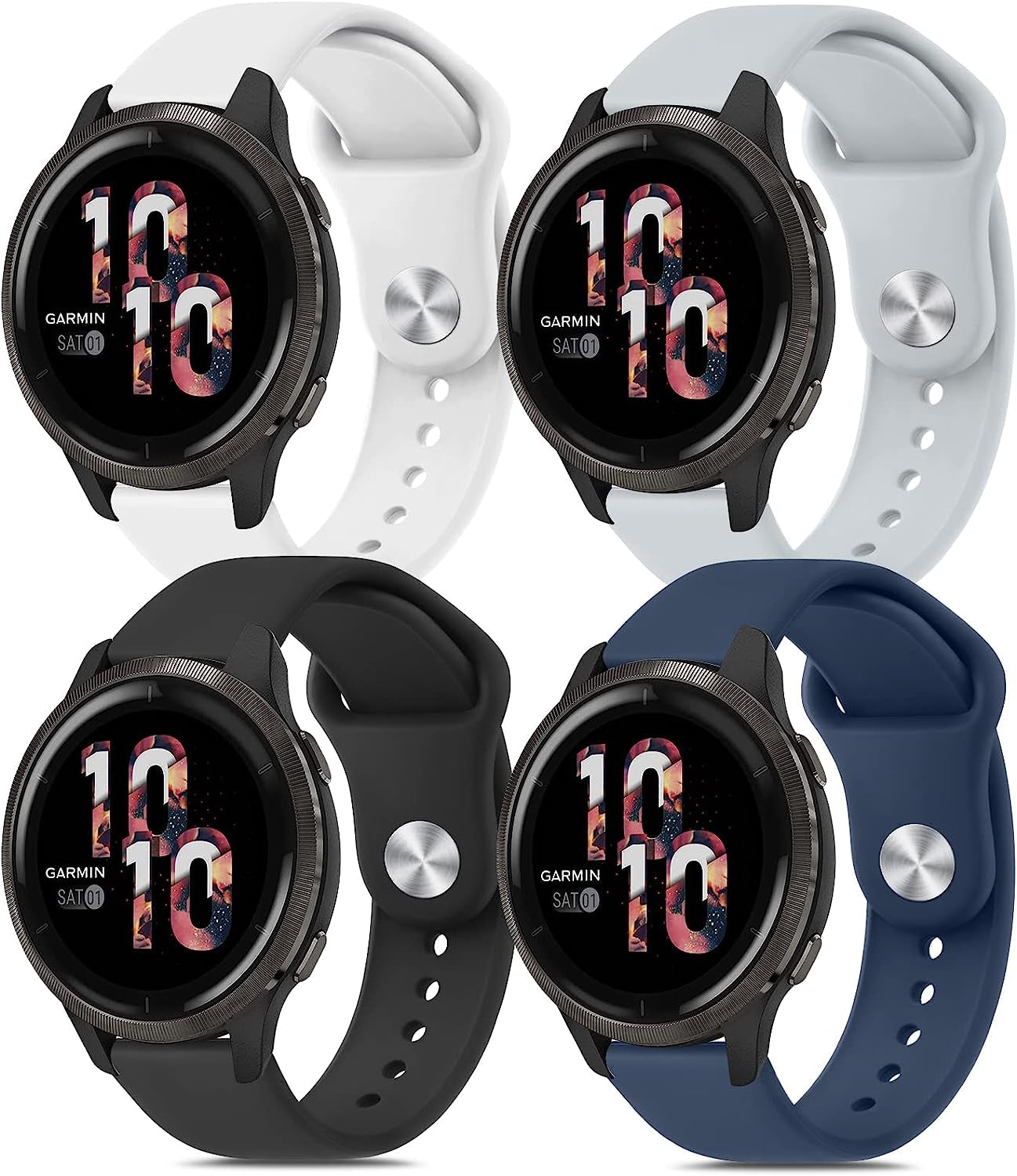 Wanme Sport Bands for Garmin Venu 2 Band, Garmin Vivoactive 4 Bands Women Men, 4 Pack Adjustable Soft Silicone Replacement Wristband Strap Compatible with Garmin Vivoactive 4 / Venu 2 / Forerunner 255 Smart Watch  Wanme Black+NavyBlue+Gray+White  