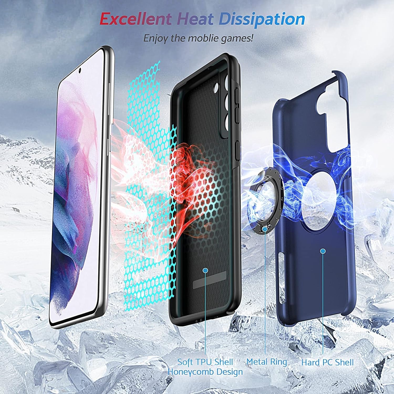 Anqrp Hidden Series Galaxy S21 Case 5G, [Heat Dissipation] [No Fall-Off Kickstand] 360° Metal Ring, Military Grade Shockproof Protective Phone Case Designed for Samsung Galaxy S21, Midnight Blue  Anqrp   