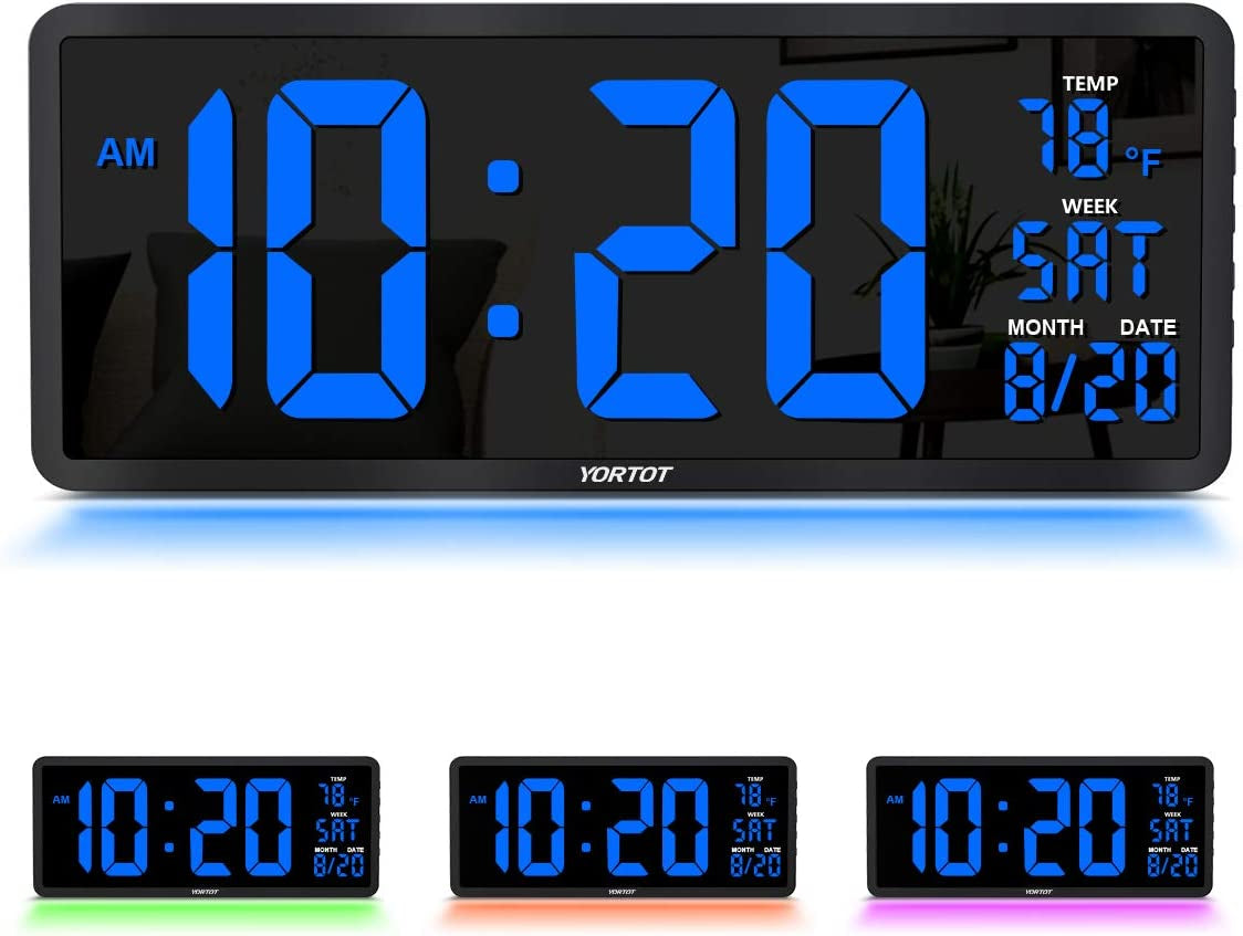 YORTOT 16” Large Digital Wall Clock with Remote Control - Adjustable Dimmer, 7 Color Night Lights, Big LED Clock with Indoor Temperature, Date, Auto DST, 12/24Hour, Wall Mount/Foldable Stand  YORTOT Blue + Remote  