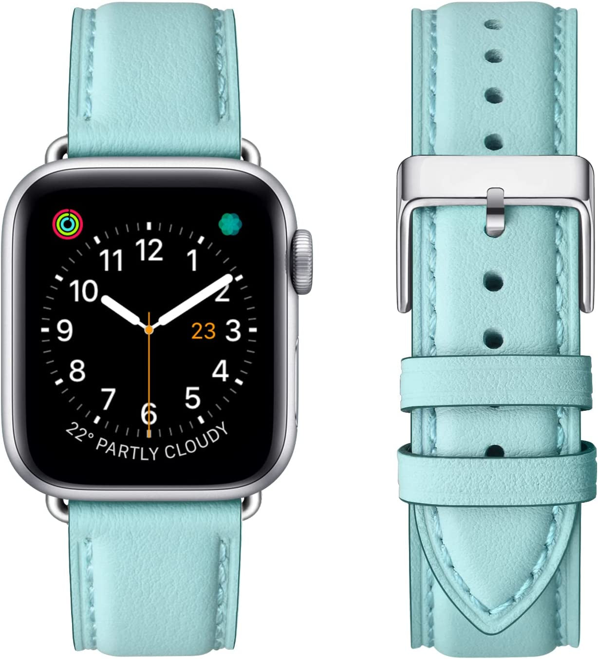 OMIU Square Bands Compatible with Apple Watch Band 38Mm 40Mm 41Mm 42Mm 44Mm 45Mm 49Mm, Genuine Leather Wristband Starp for Iwatch SE Series 8 7 6 5 4 3 2 1 Utral for Women Men(Ivory White/Rose Gold)  BestWayStore Light Blue/Silver 42mm 44mm 45mm 49mm 