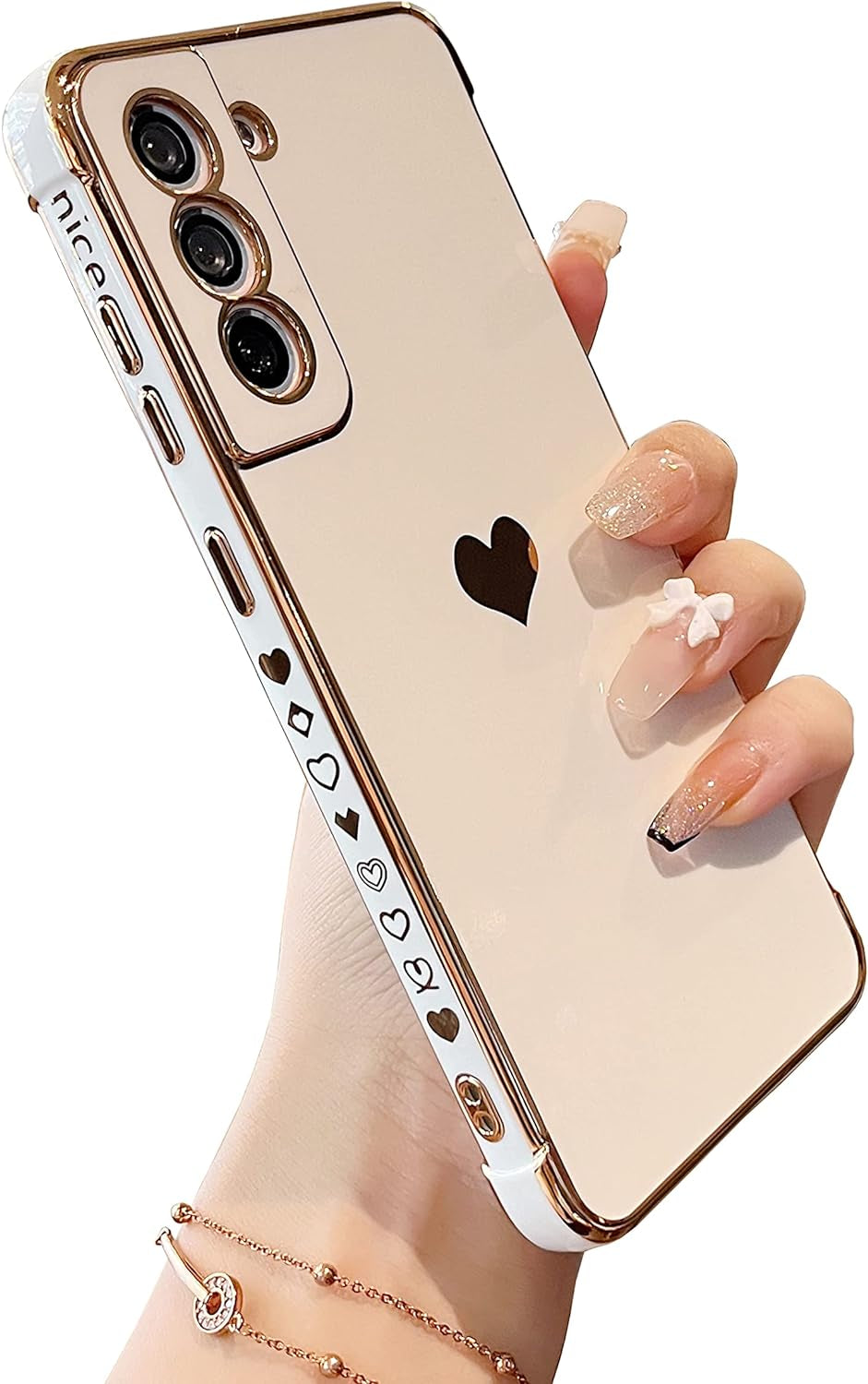 DEFBSC Compatible with Samsung Galaxy S22 Case, Electroplated Edge Love Heart Case with Wrist Strap, Full Camera Protection Raised Reinforced Corners Shockproof Soft TPU Cover, Black  DEFBSC White Samsung Galaxy S22 