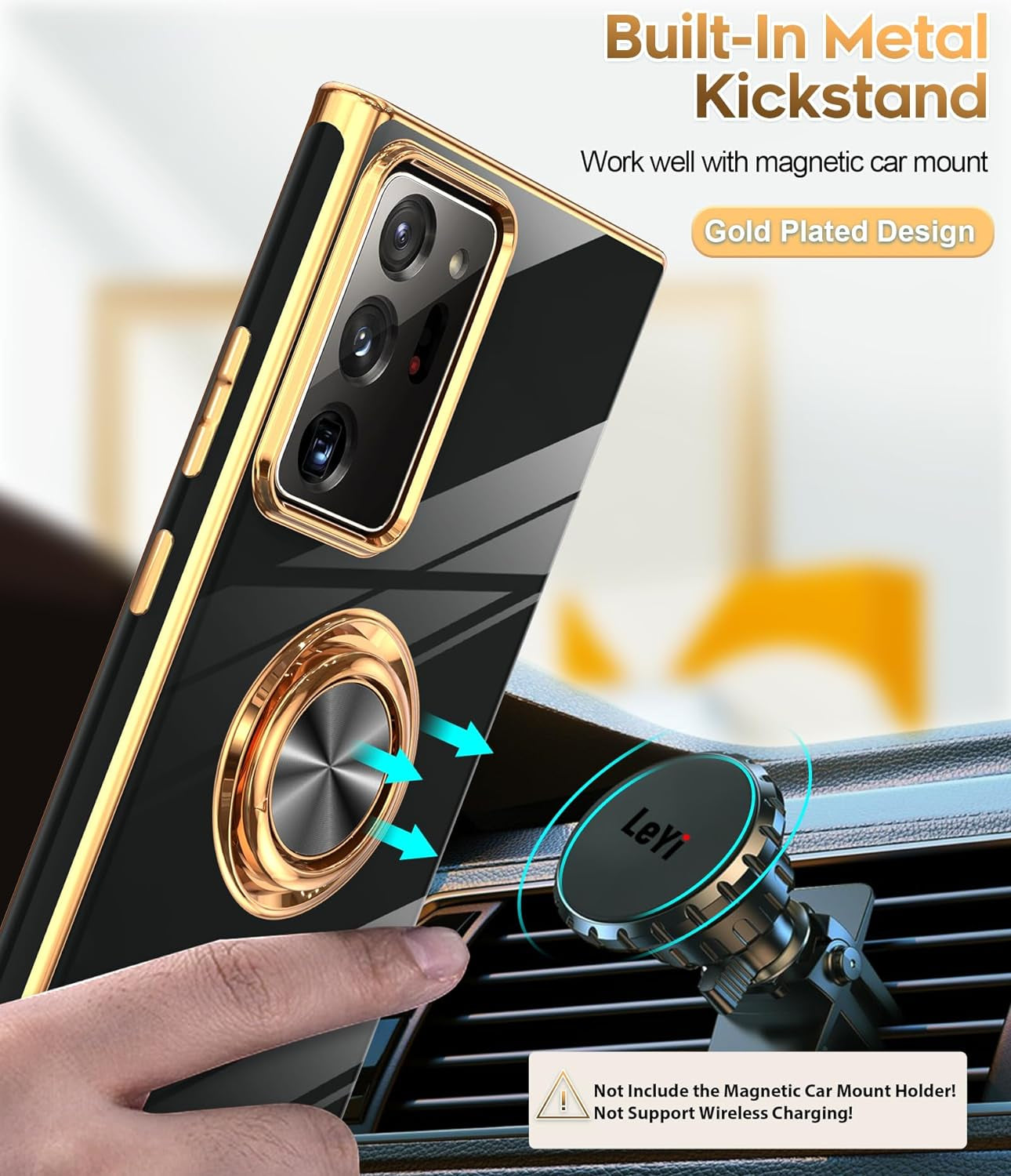 Leyi for Samsung Galaxy Note 20 Ultra Case: 360° Rotatable Ring Holder Magnetic Kickstand, Plating Rose Gold Edge Protective Samsung Galaxy Note 20 Ultra Case, Black  LeYi   