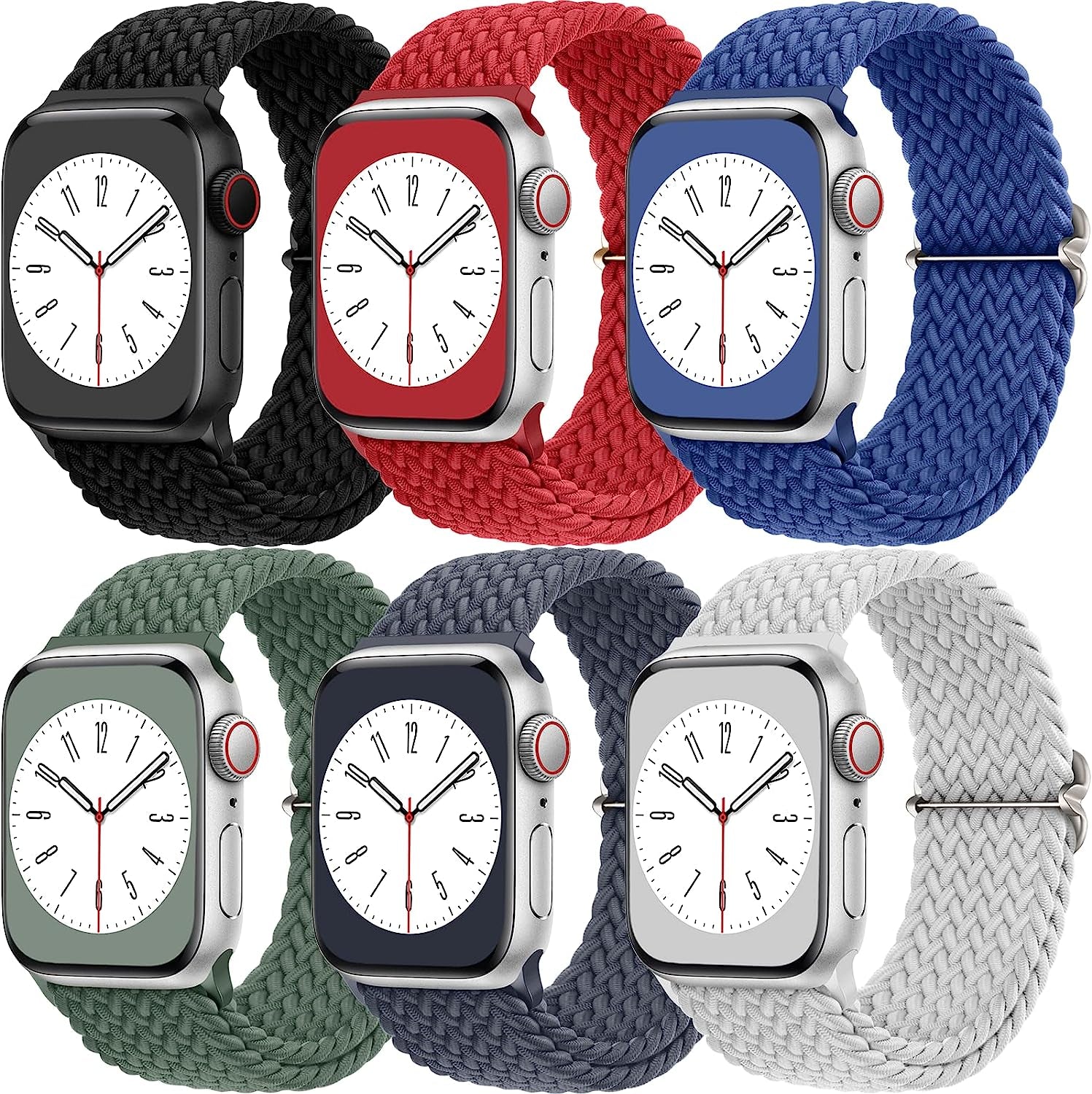6 Pack Stretchy Braided Solo Loop Compatible with Apple Watch Band 38Mm 40Mm 41M 42Mm 44Mm 45Mm 49Mm Women Men, Adjustable Elastic Nylon Sport Bands for Iwatch Apple Watch Series 8 7 6 5 4 3 2 1 SE  Witzon Black/Green/Atlantic Blue/Red/Dark Gray/White-Gray 42mm/44mm/45mm/49mm 