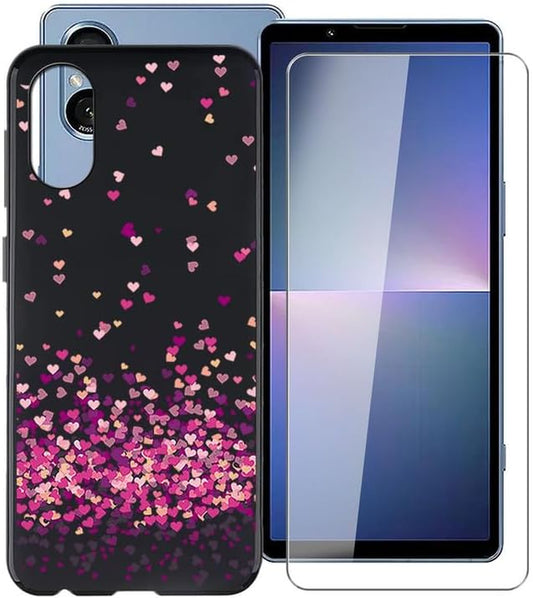 WIMSPEED Black Soft TPU Bumper Phone Case for Sony Xperia 5 V (6.1") with 1 X Tempered Glass Screen Protector, Slim Silicone Shockproof Cover for Sony Xperia 5 V - Heart  WIMSPEED   