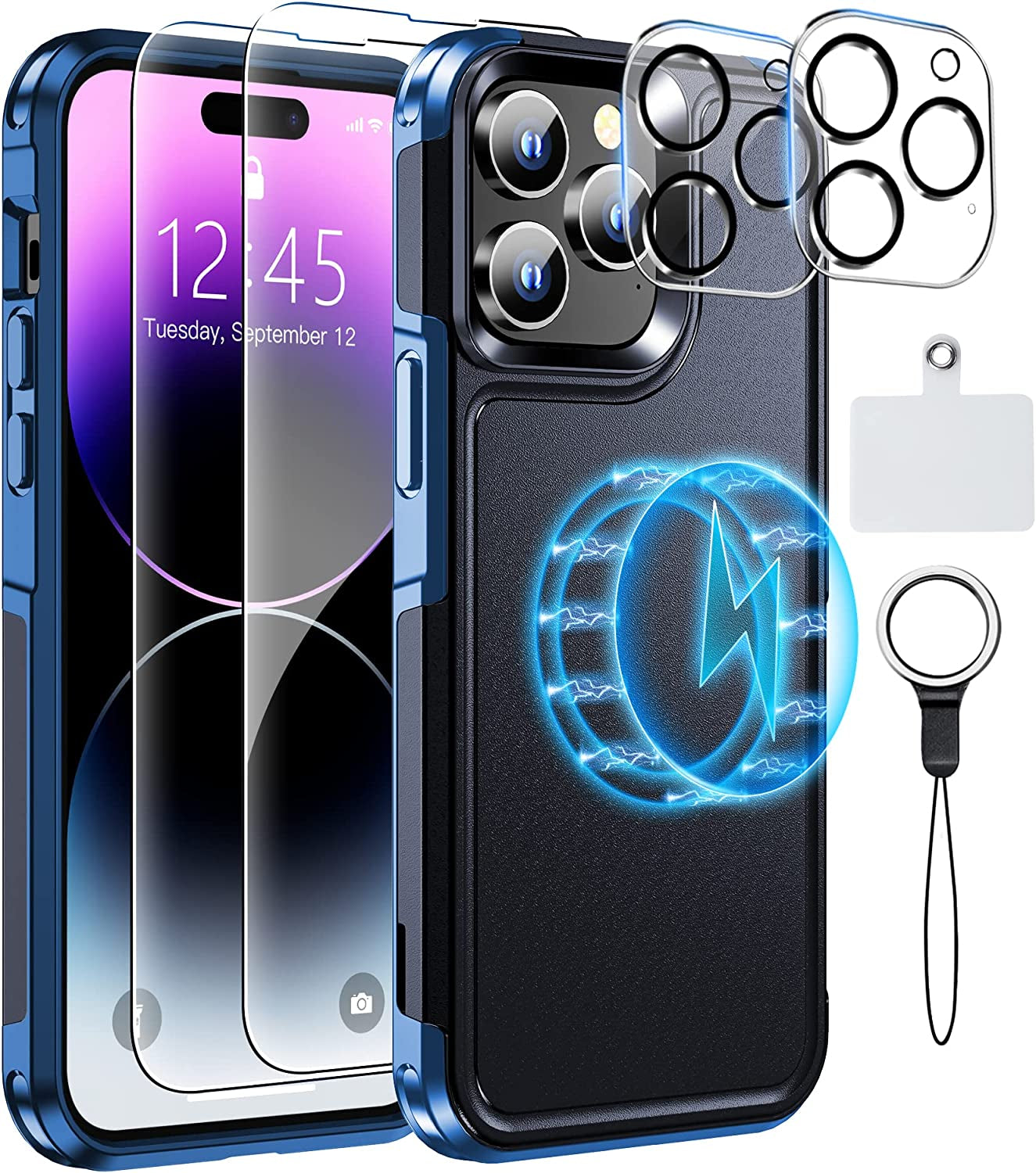 MOZOTER Magnetic for Iphone 14 Pro Max Phone Case [Compatible with Magsafe][Military Grade Drop Protection][Glass Screen Protector+Camera Lens Protector] Heavy Duty Shockproof Case 6.7 Inch-Black  MOZOTER Dark Blue  