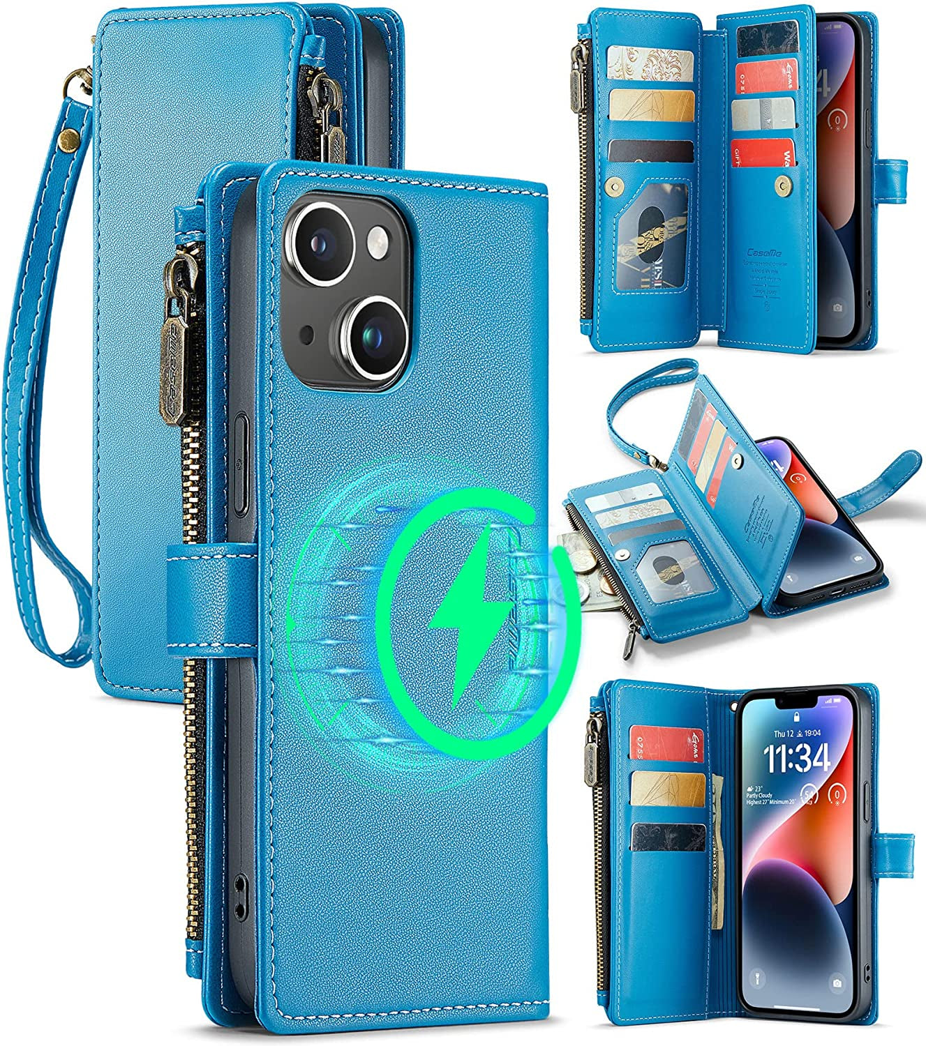 FLIPALM Wallet Case for Iphone 14 Pro(6.1") Flip Case,Compatible with Magsafe Charger,Pu Leather Zipper Protective Lanyard Strap Wristlet Case with Magnetic Closure and Card Holder Luxury Coffee  FLIPALM Blue iPhone 14 Plus 