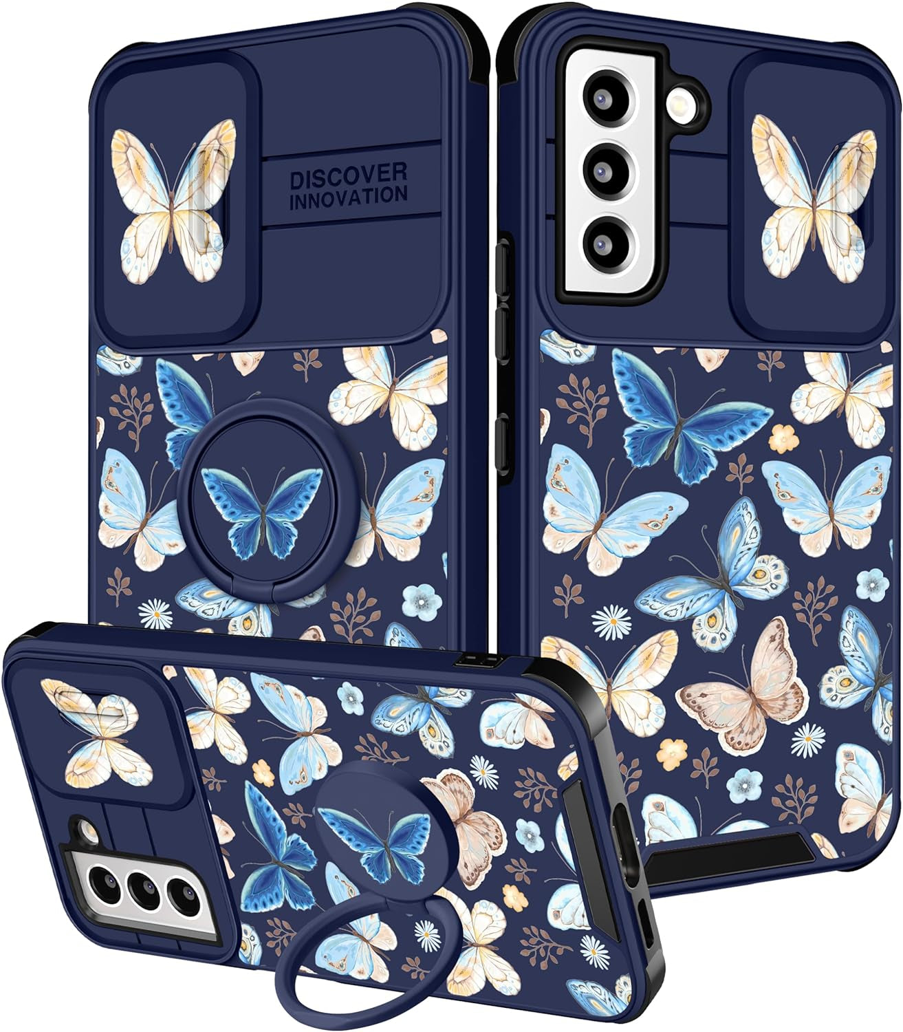 Funermei (2In1 for Samsung Galaxy S22 Case for Girls Women Cute Butterfly Cover Girly Aesthetic Black Pretty Fashion Design with Camera Cover and Ring Stand Funda for Galaxy S22 Phone Cases  Funermei 1-For Blue Yellow Butterfly  
