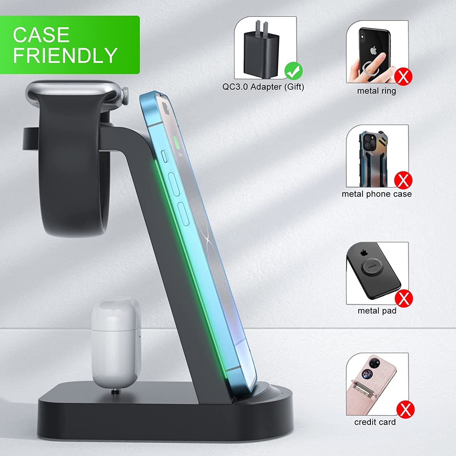 Wireless Charging Station - 3 in 1 Wireless Charger for Iphone 14/13 Pro/13/12/11 Pro Max/X/Xs/8/8 Plus,Wireless Charging Stand Dock for Apple Watch Series Airpods 3/2/1/Pro(With Adapter)  INNISTO   