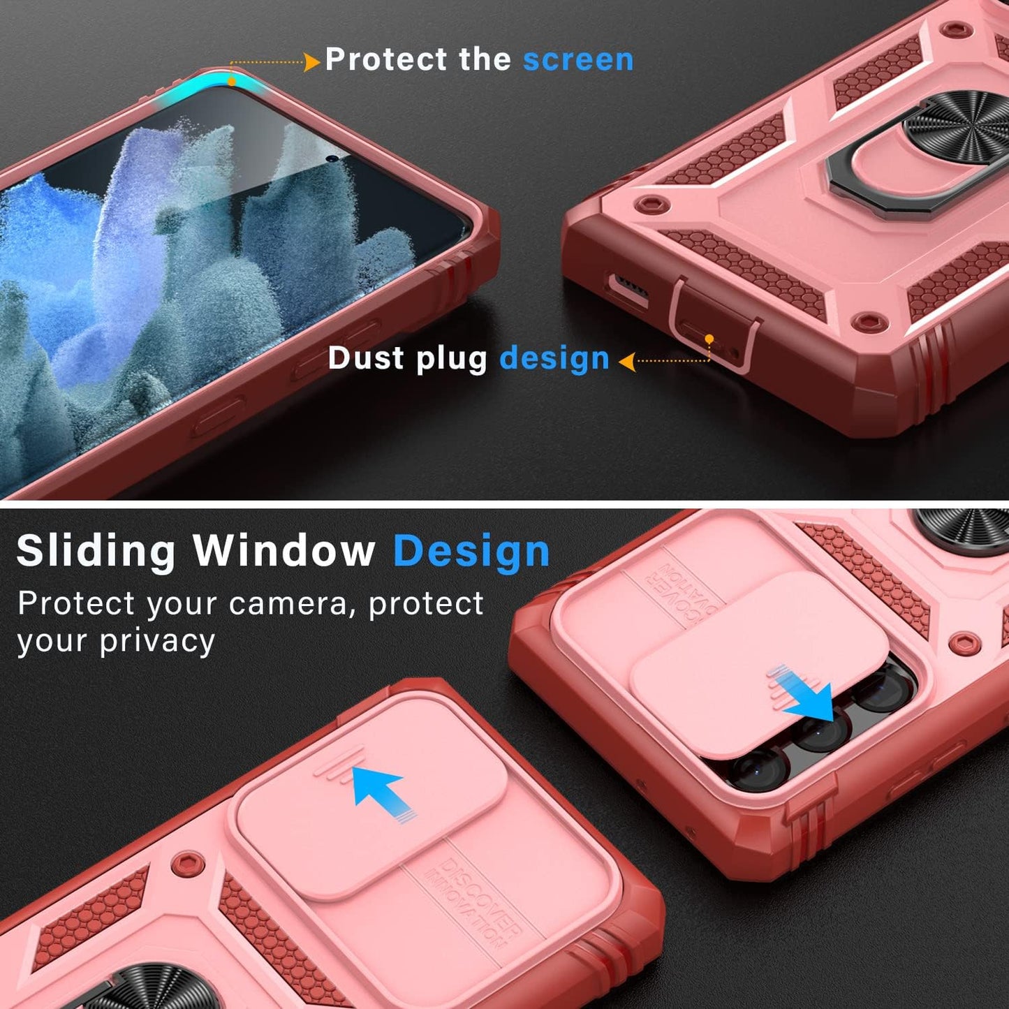 PASNEW for Samsung Galaxy S21 Ultra Case,Finger Ring Kickstand & Camera Cover Slide & Charge Port Dust Plug,Military Heavy Duty Full Body Shockproof Protective Hard Shell S21Ultra,6.8 Inch,Pink  PASNEW   