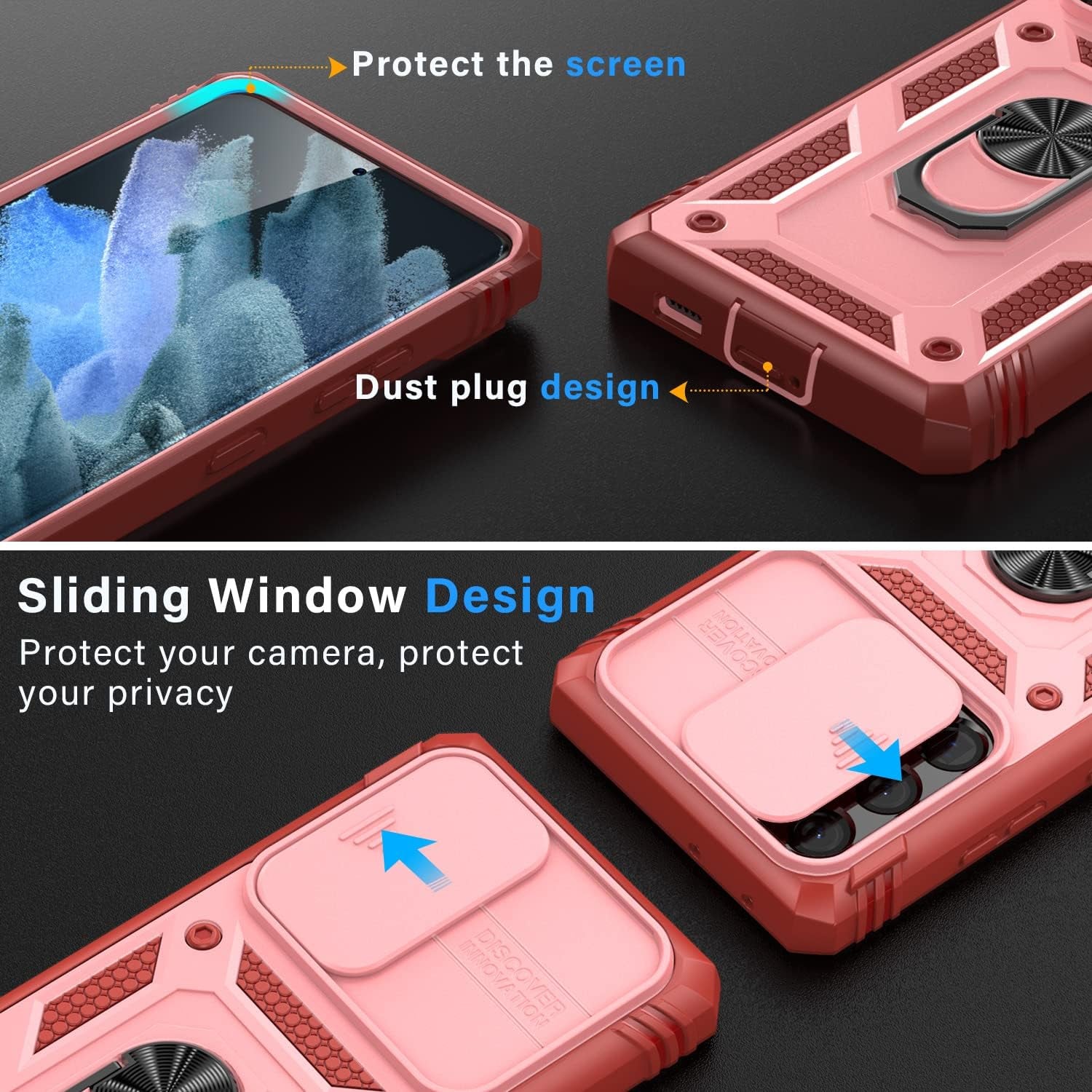 PASNEW for Samsung Galaxy S21 Ultra Case,Finger Ring Kickstand & Camera Cover Slide & Charge Port Dust Plug,Military Heavy Duty Full Body Shockproof Protective Hard Shell S21Ultra,6.8 Inch,Pink  PASNEW   