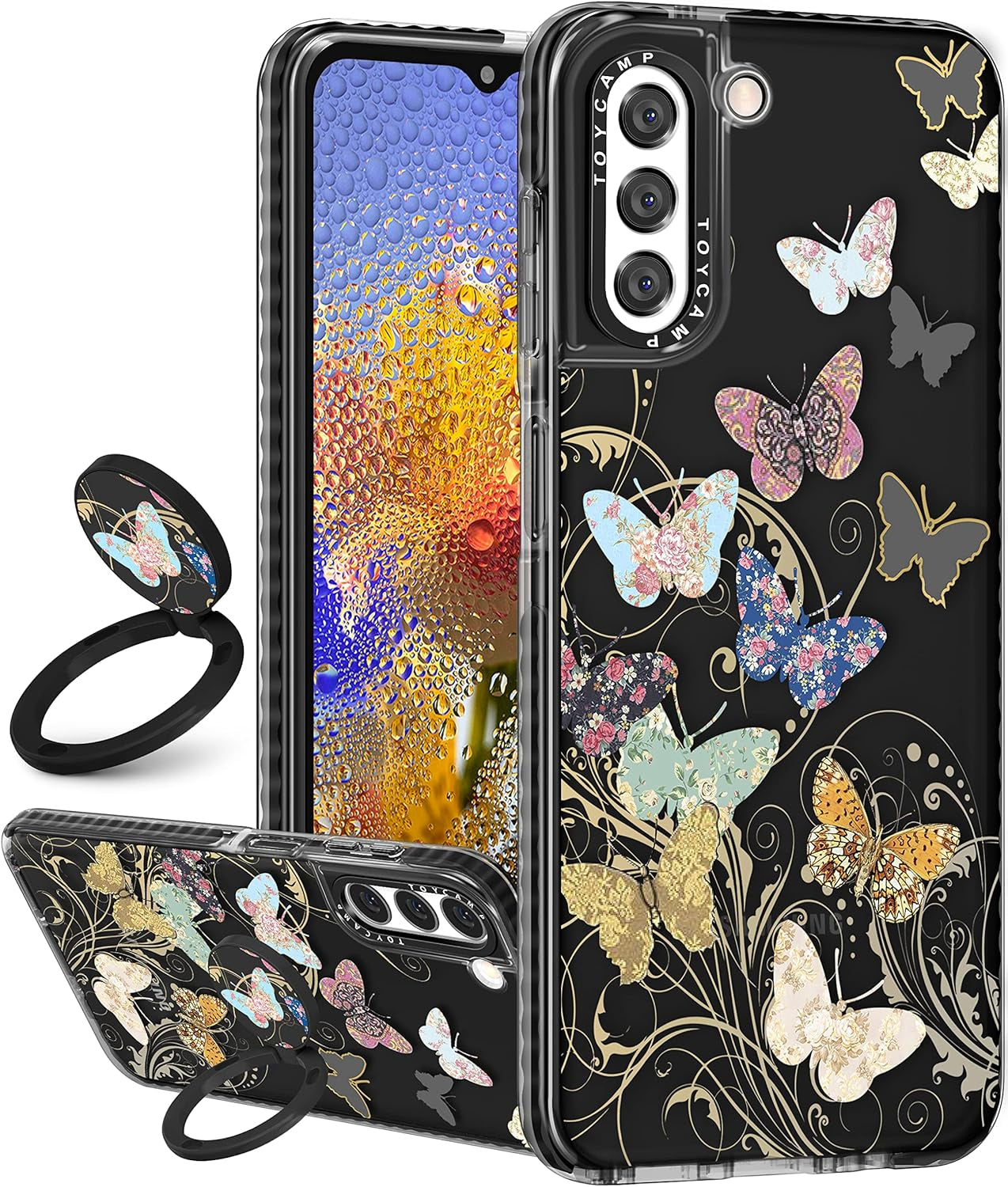 Toycamp for Samsung Galaxy S22 Case for Women, Colorful Butterfly Cute Girly Print Design for Girls Teens Case with Ring Kickstand (6.1 Inch), Black  Toycamp   