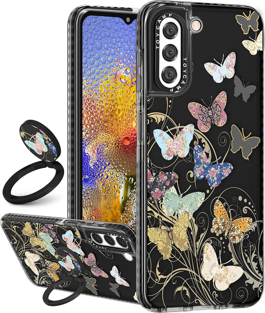 Toycamp for Samsung Galaxy S22 Case for Women, Colorful Butterfly Cute Girly Print Design for Girls Teens Case with Ring Kickstand (6.1 Inch), Black  Toycamp   