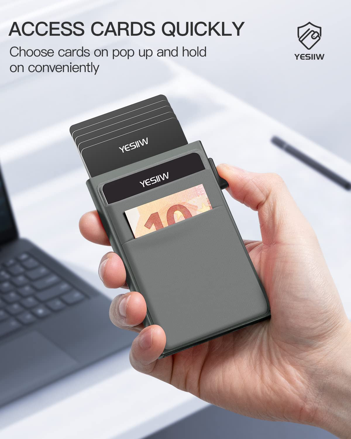 YESIIW Auto Pop up Credit Card Holder with Money Pocket | Minimalist Business Card Wallet RFID Blocking for Men | Smart Slim Aluminum Metal Debit Card Case Gifts for Dad Fathers | Space Gray  YESIIW   