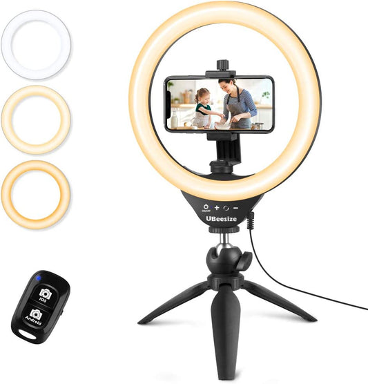 Ubeesize 10" Selfie Ring Light with Tripod Stand & Cell Phone Holder, Dimmable Desktop LED Circle Light for Live Streaming/Makeup/Youtube/Tik Tok, Compatible with Ios and Android Phones  UBeesize   