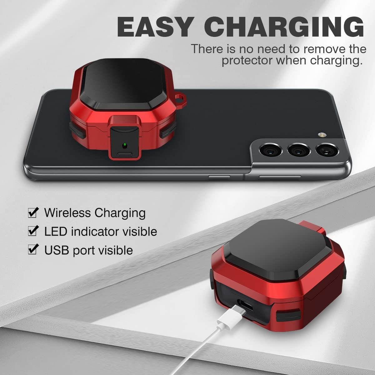 Armor Cover Case for Samsung Galaxy Buds Pro Case / Galaxy Buds Live Case / Galaxy Buds 2 Case [With Security Lock], Silicone+Hard PC Shockproof Case with Keychain/Straps/Ring/Cleaning Brush(Red)  AIBEAMER   