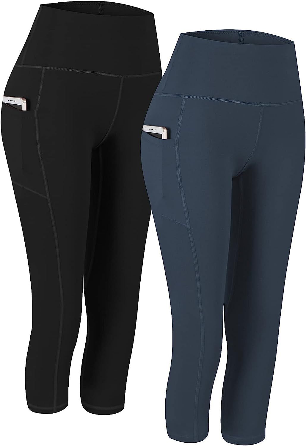 Fengbay 2 Pack High Waist Yoga Pants, Pocket Yoga Pants Tummy Control Workout Running 4 Way Stretch Yoga Leggings  Fengbay Capris Gray & Blue Large 