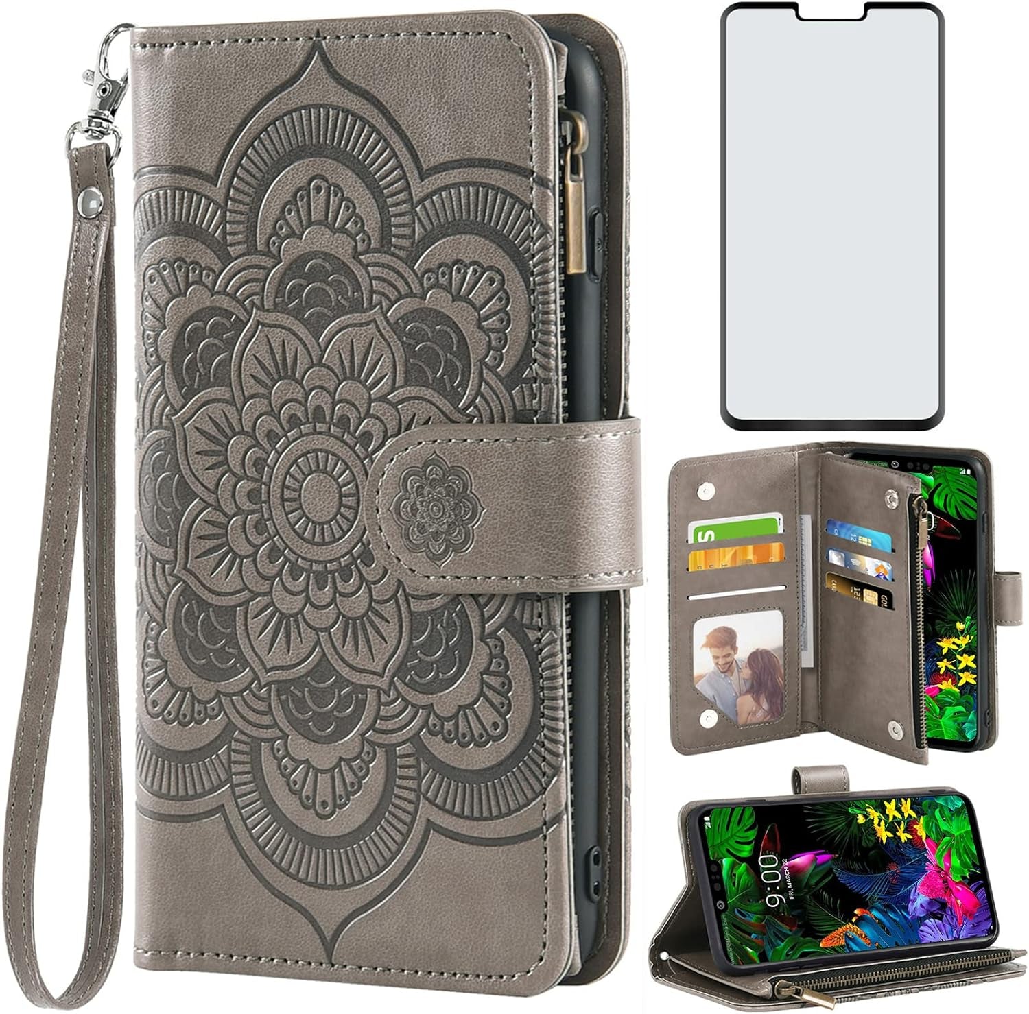 Asuwish Compatible with LG G8 Thinq Wallet Case and Tempered Glass Screen Protector Flower Leather Flip Card Holder Stand Cell Phone Cover for LGG8 Thin Q G 8 LG8 G8Thinq Lgg8Thinq 8G Women Men Blue  Asuwish Gray For Lg G8 Thinq / G8 