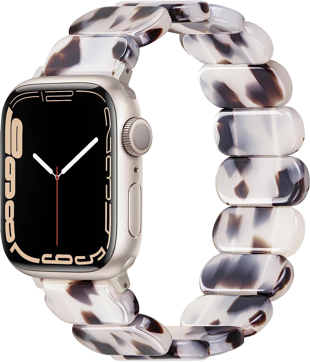 Resin Stretchy Apple Watch Band Compatible With【Series 8 7 Starlight】Apple Watch 49Mm 45Mm 44Mm 42Mm for Women Girl, Lightweight Fashion Cute Bracelet for Iwatch Series 8/7/6/5/4/3/2/1/Se-Nougat White  BuPa Tortoise (Black Grey) 42/44/45/49mm 