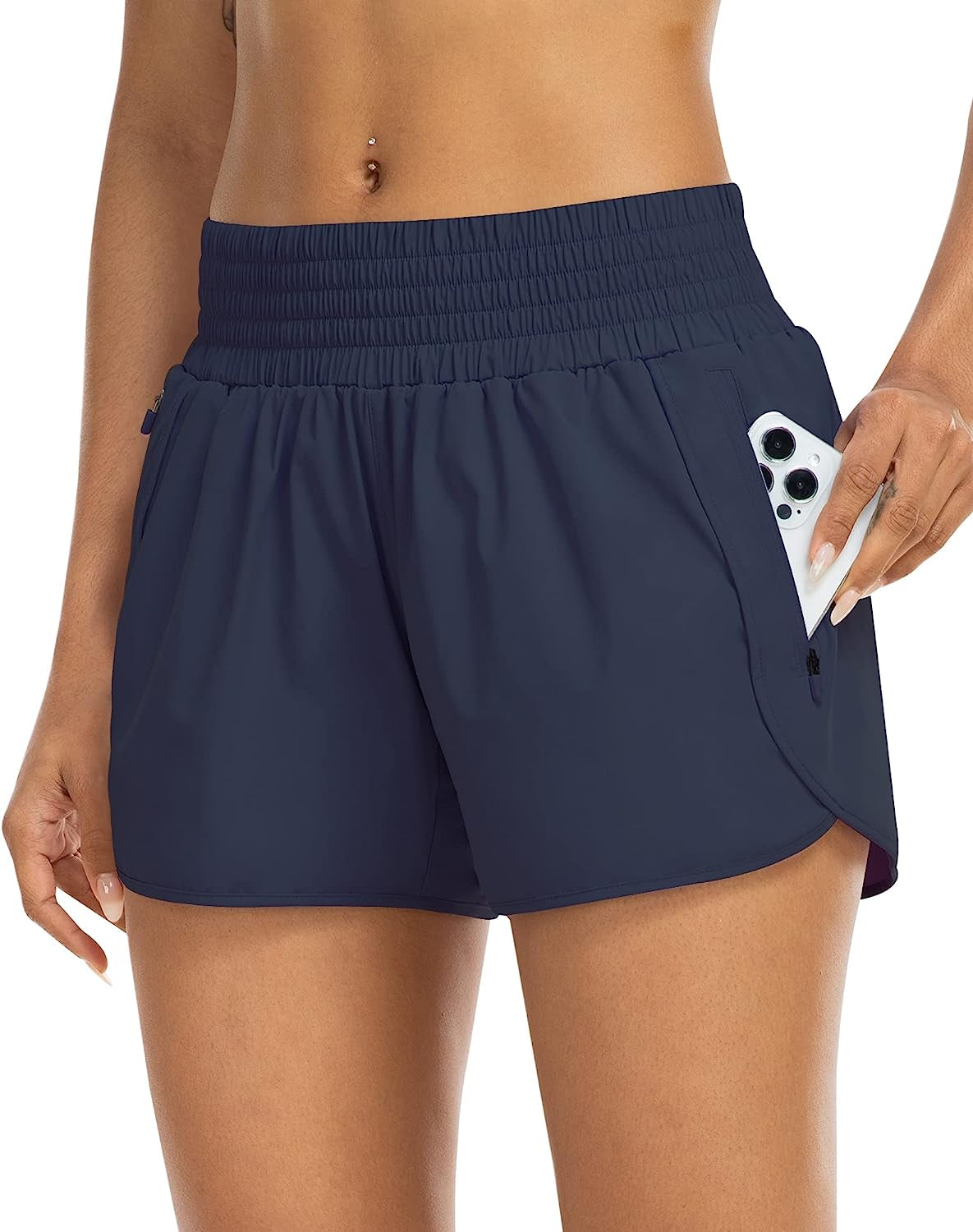 YEZII Athletic Shorts for Women with Pockets High Waist Running Workout Shorts Gym Yoga White Summer Shorts  YEZII Navy X-Large 