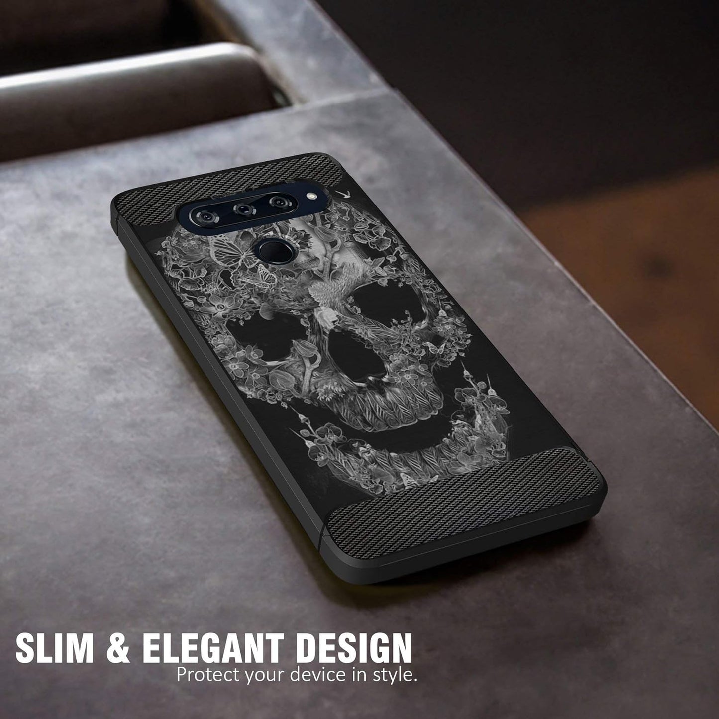 Casesondeck Slim Case Compatible with [LG V40 Thinq] Thin Scratch Preventing TPU, Matte Finish Carbon Fiber Texture Edges (Flower Skull)  CasesonDeck   
