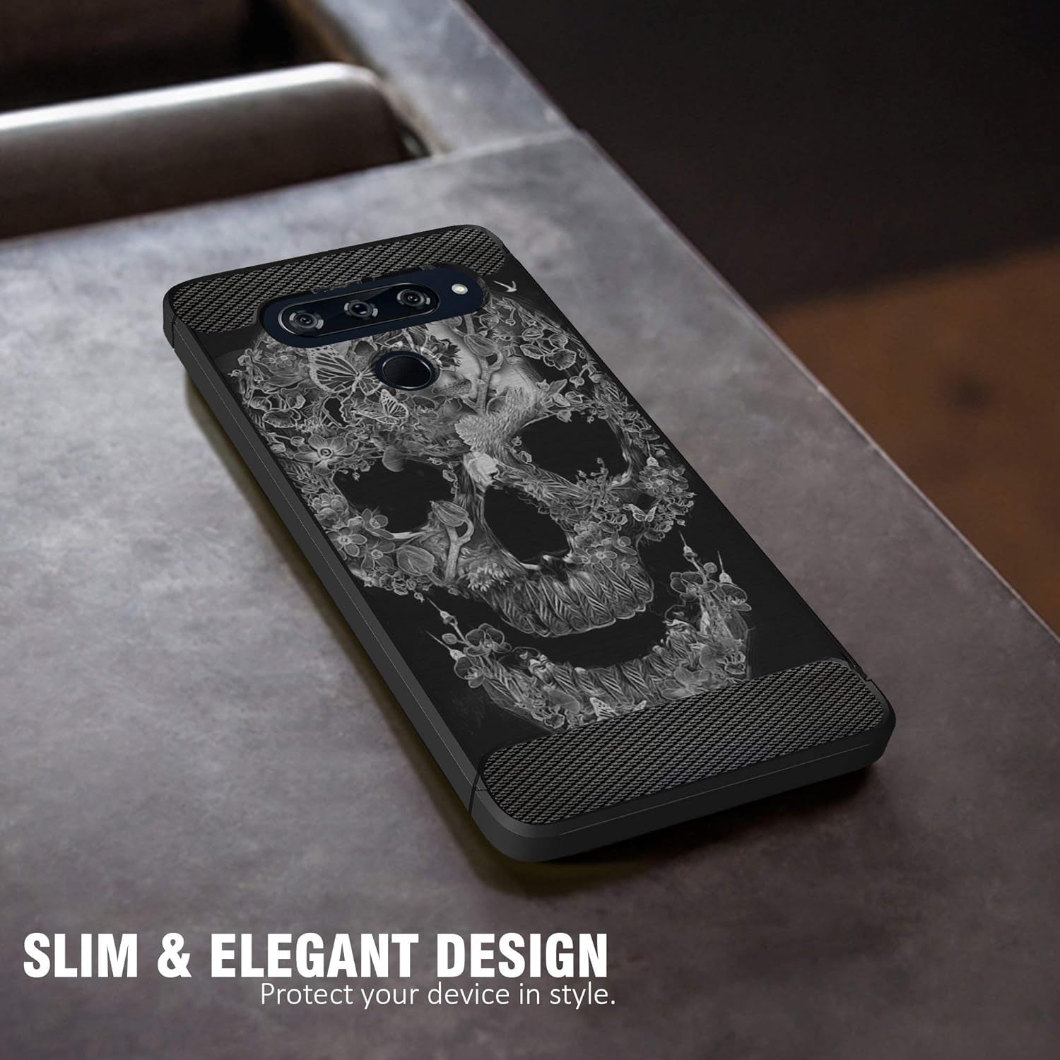 Casesondeck Slim Case Compatible with [LG V40 Thinq] Thin Scratch Preventing TPU, Matte Finish Carbon Fiber Texture Edges (Flower Skull)  CasesonDeck   