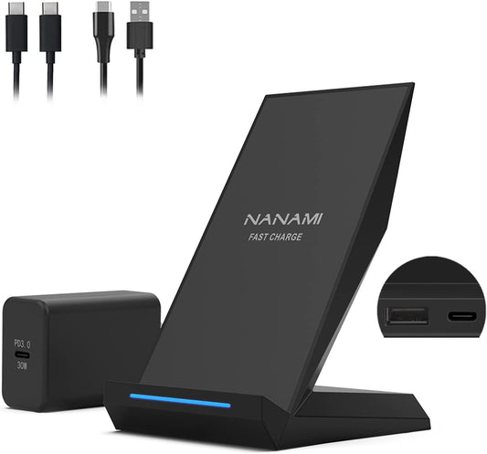 NANAMI 30W Max Wireless Charger, Qi Certified Fast Charging Stand with USB-A Port,Compatible Iphone 14/13/12/11 Pro/Xs Max/Xr, Galaxy S23/S22/S21/S20/S10/S9,Note 20/10/9(With PD Adapter Phone Charger)  NANAMI   