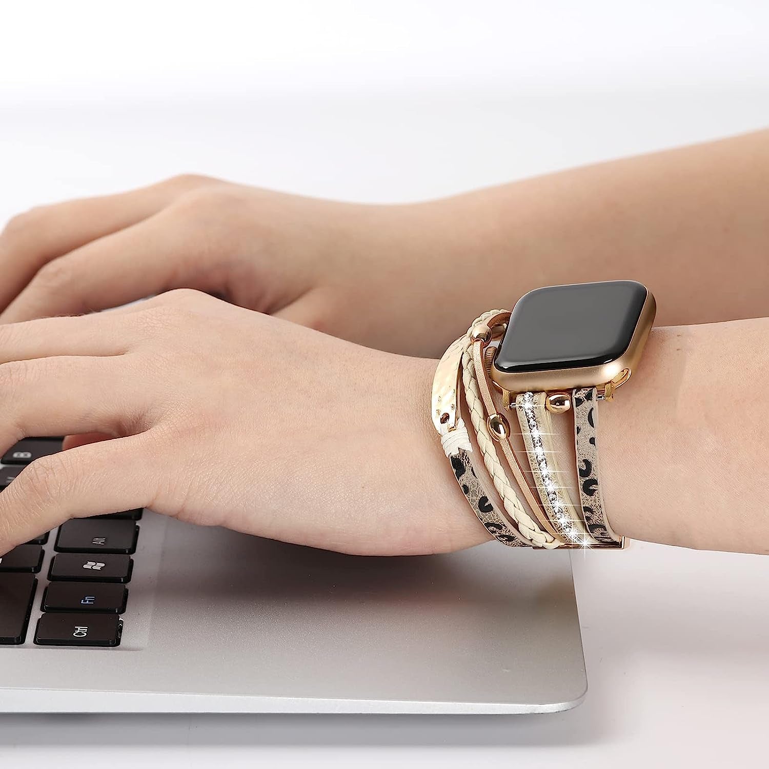 Posh Leather Bands Compatible with Apple Watch Bands 38Mm 40Mm 41Mm for Women Men，Metal Sheets Bracelet Jewelry Warp Strap for Iwatch Series SE 7 6 5 4 3 2 1（Cheetah with Gold）  REALSIGN   