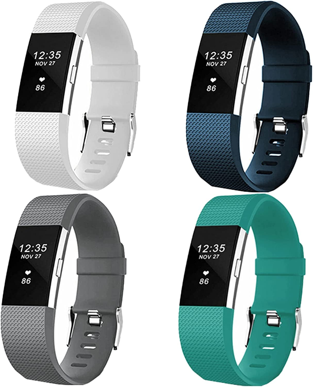 【4 Pack】 Bands for Fitbit Charge 2 Silicone Finess Sport Wristbands Replacement Bands for Fitbit Charge 2 for Women Men Large  Cone dark Grey+White+Rock Blue+Deep Teal Large 