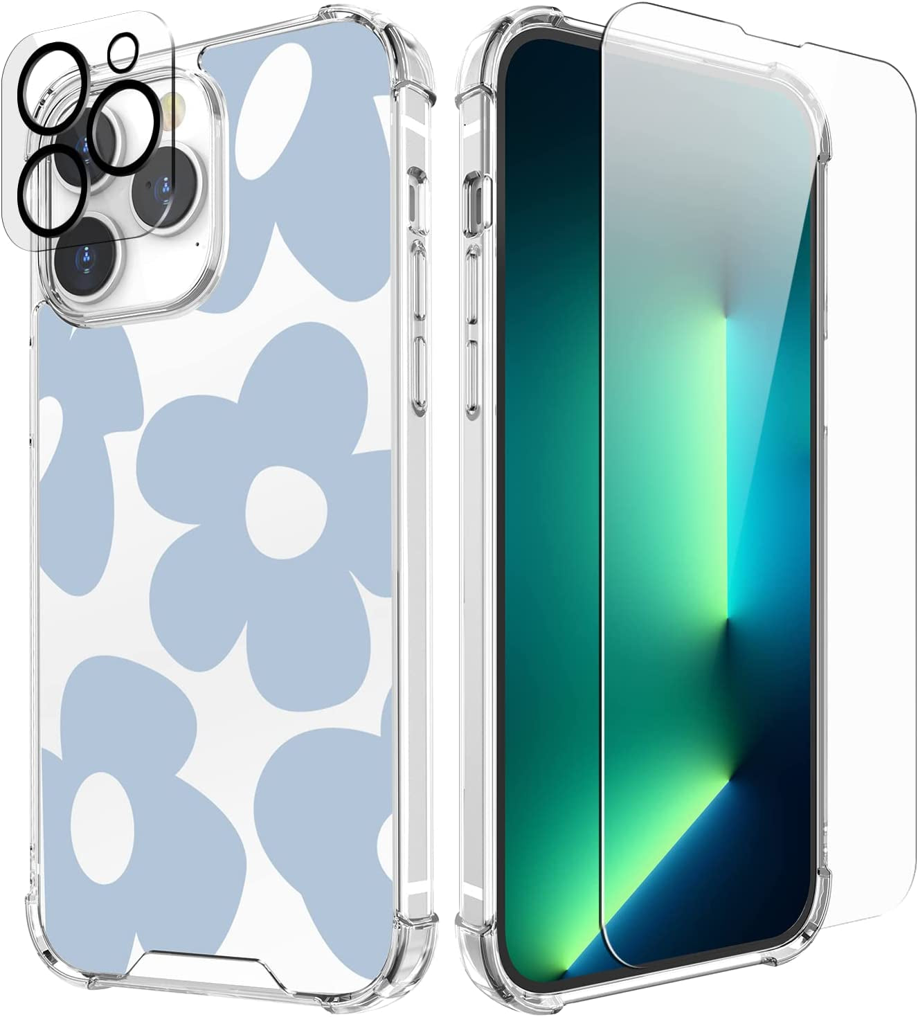 Cutebe [3 in 1 Crystal Phone Case for Iphone 13(2021)/Iphone 14(2022) 6.1", Cute Protective Cover with 9H Temper Glass Screen Protector + HD Temper Camera Lens Protector for Women, Girls  Cutebe iPhone 14 Pro Max-Blue Retro Floral iPhone 14 Pro Max Case 6.7 Inch 