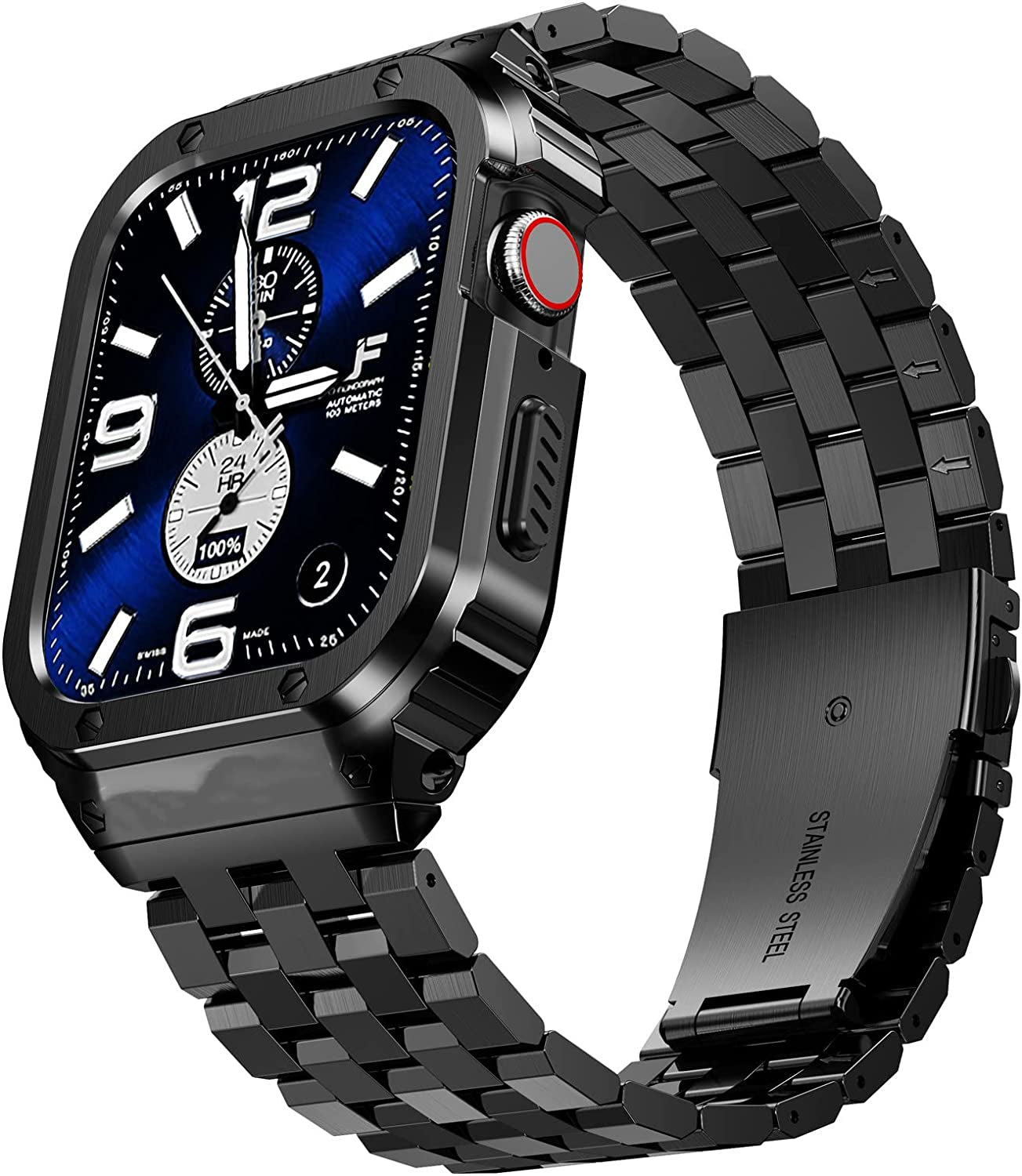 SUPLINK Stainless Steel Case with Band Compatible Apple Watch Bands 40Mm/41Mm/44Mm/45Mm/49Mm,Metal Rugged Protector Cover Bumper Strap for Iwatch Ultra Series 8/7/6/5/4/SE for Men  SUPLINK Black 44mm(series SE/6/5/4) 