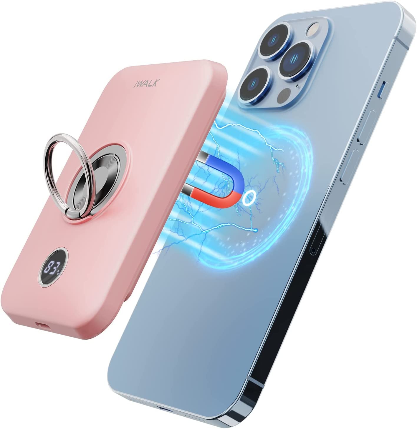 Iwalk Magnetic Wireless Power Bank, 6000Mah Portable Charger with Finger Holder, Stronger Magnet Stick for Phone with Unique Mag-Suction Tech, Only Compatible with Iphone 14/13/12 Pro Max  iWALK Pink  