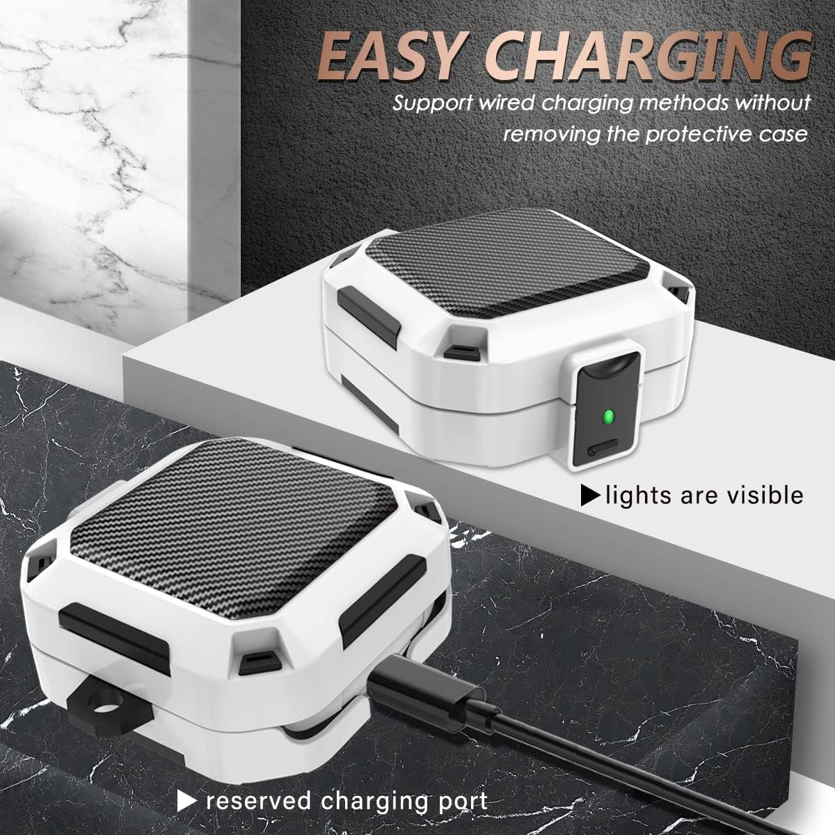 Secure Lock Case for Beats Fit Pro 2021, Carbon Fiber Texture Beats Fit Pro Earbuds Case Cover with Anti-Lost Keychain/Storage Box/Cleaning Brush/Wrist Strap. (White)  Mooyavia   