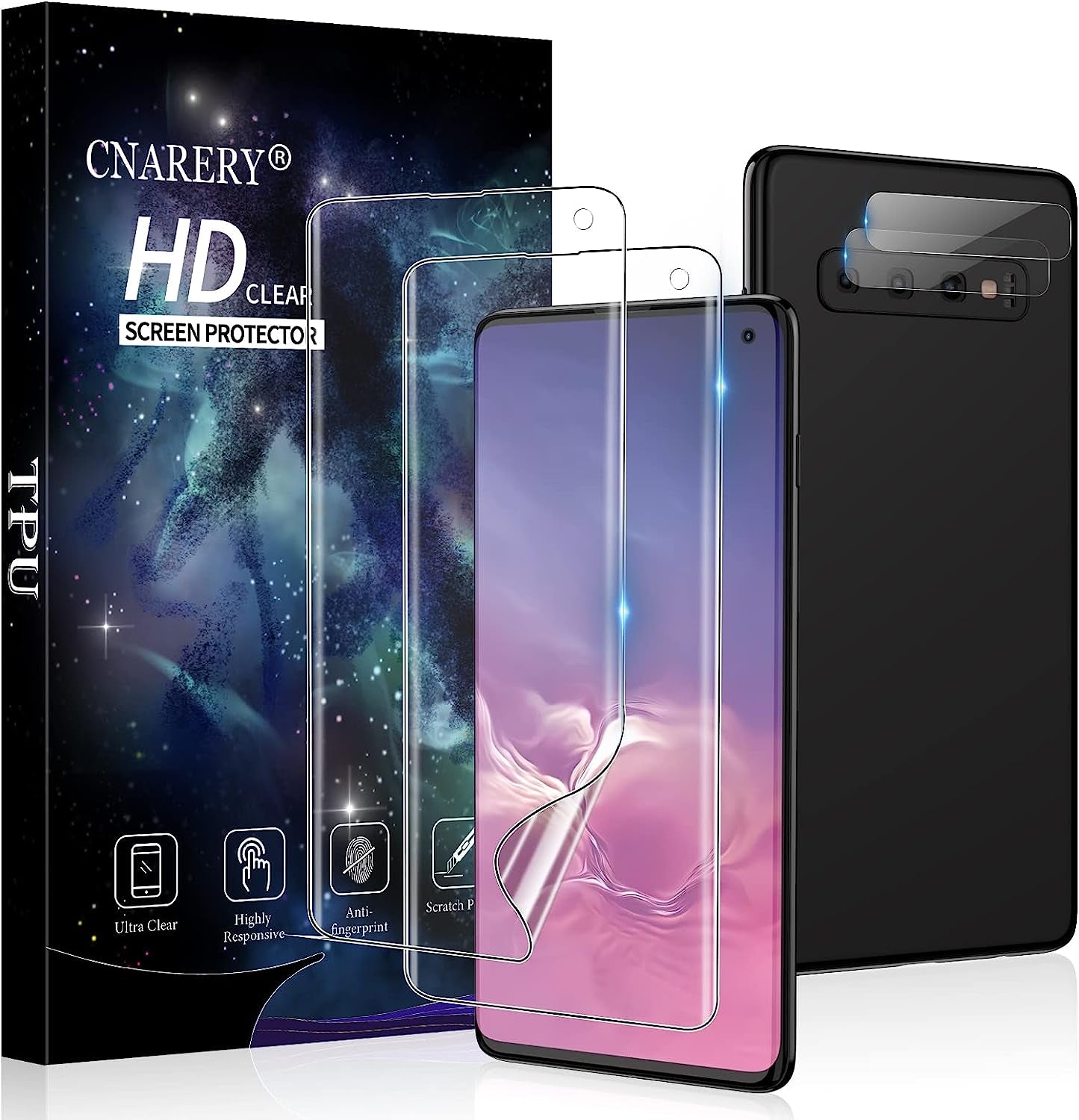 Cnarery [2+2 Pack] TPU Screen Protector for Samsung Galaxy S20, 2 Pack Flexible TPU Screen Protector with 2 Pack Camera Lens Protector, 3D Curved Full Coverage Bubble Free  Cnarery Samsung Galaxy S10  