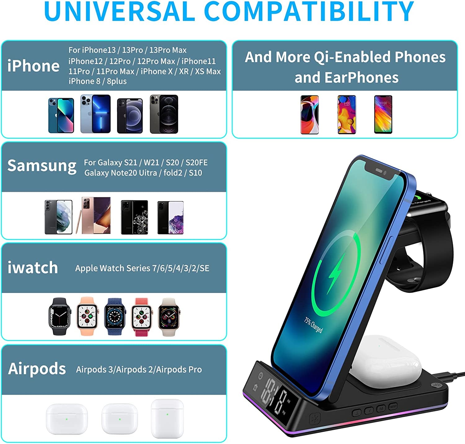 3 in 1 Wireless Charger Station Qi Fast Wireless Charging Dock with Clock and Night Light,Compatible with Apple Watch 7/6/5/4/3/2/SE & Airpods 3/2/Pro & Iphone 13/12/11/Samsung/More Qi Enabled Phones  Auzev   