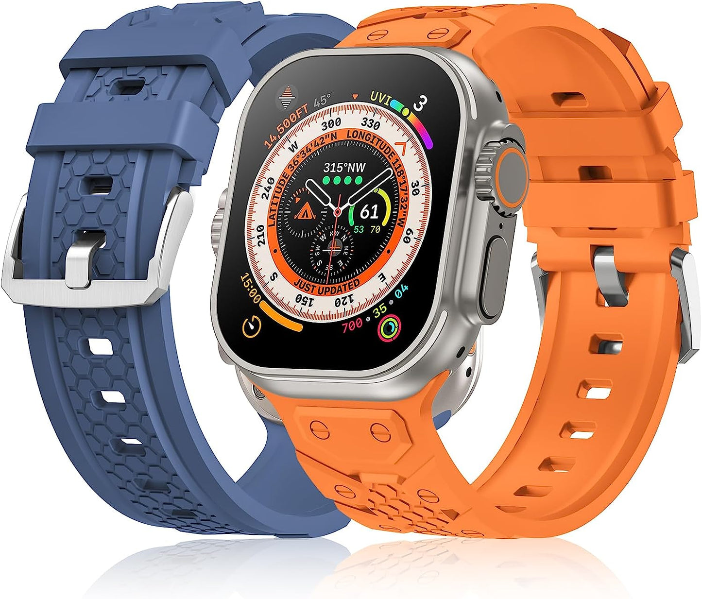 YAXIN 2 Pack Sport Band Compatible for Apple Watch Ultra Band 49Mm 45Mm 44Mm 42Mm Men, Soft Silicone Wristband Replacement Strap for Apple Watch Band Ultra Iwatch Series 8/7/SE/6/5/4/3  YAXIN Orange/Alaskan Blue  