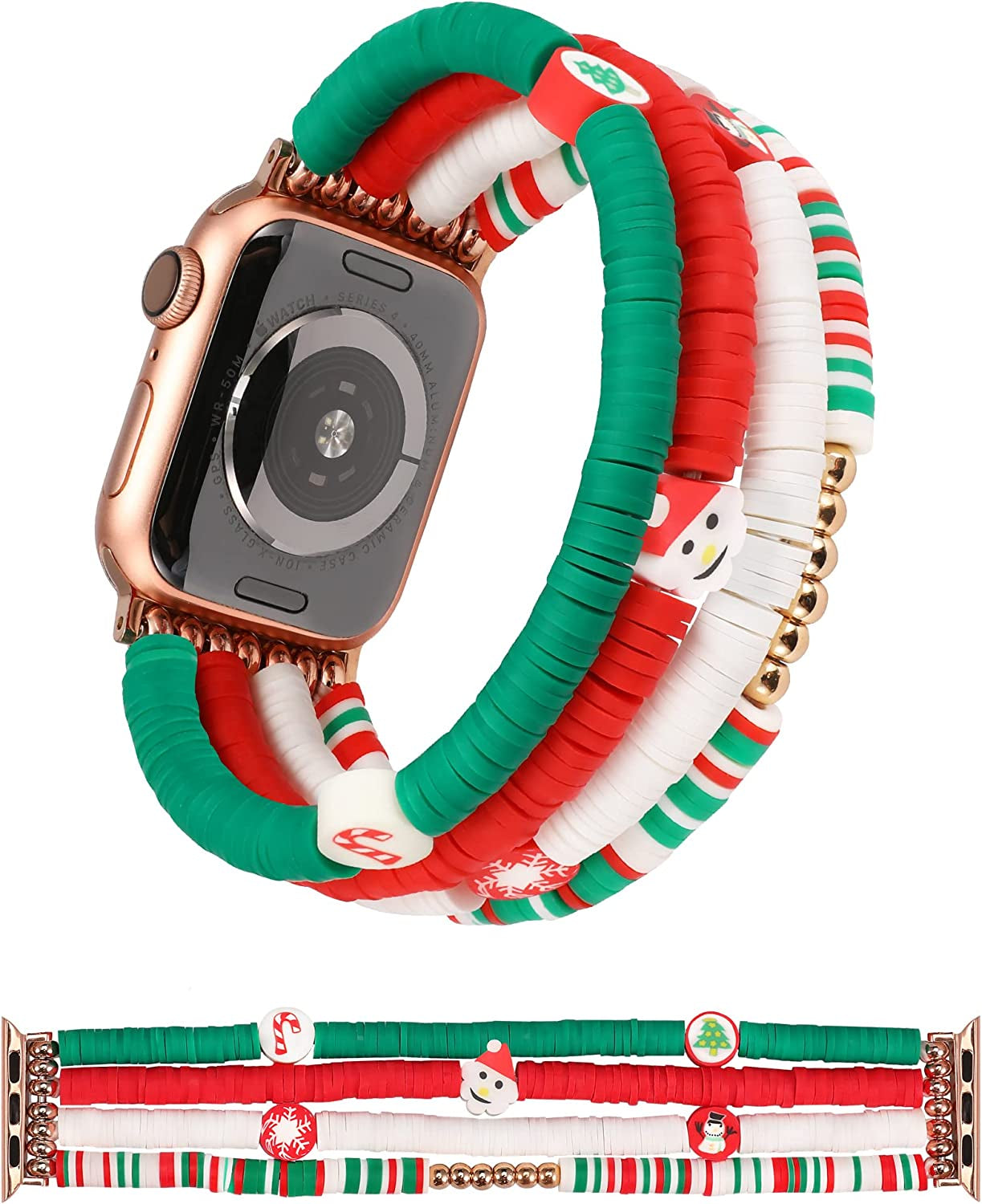 TOYOUTHS Heishi Beads Bracelet Compatible with Apple Watch Band Cute Stretch Girl Women Summer Beach Surfer Stackable Clay Preppy Jewelry Band for Iwatch 42/44/45Mm Series SE 7 6 5 4 3 2 1  TOYOUTHS A-Christmas 41/40/38mm S (5.7" - 6.1" Wrist) 