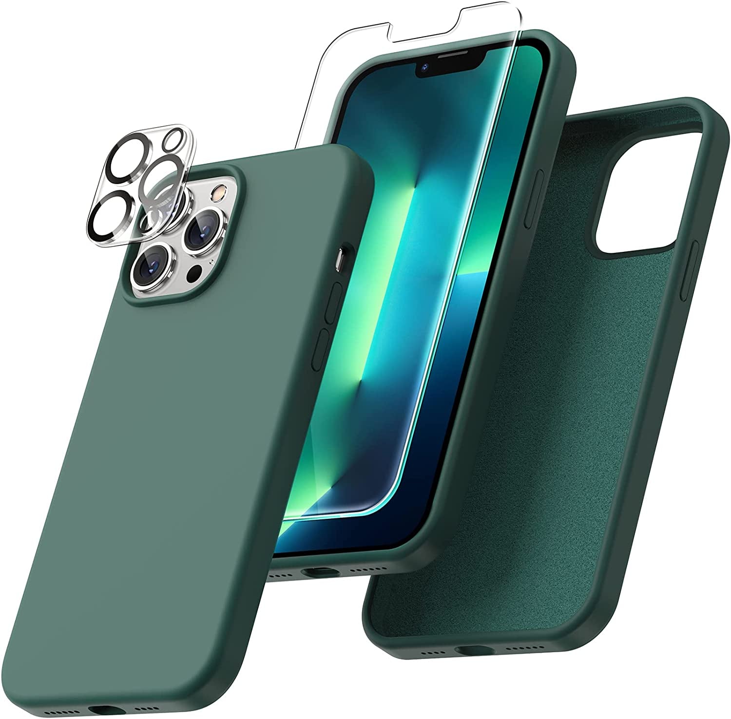 Uyiton [5 In1] Liquid Silicone Iphone 12 PRO Max Case, [Drop Protection] [Full Covered] Shockproof Slim Thin Cover with Microfiber Lining, with 2Xscreen Protector +2Xcamera Lens Protector-Green  Uyiton 13Pm-Midnight Green Iphone 13 Pro Max 