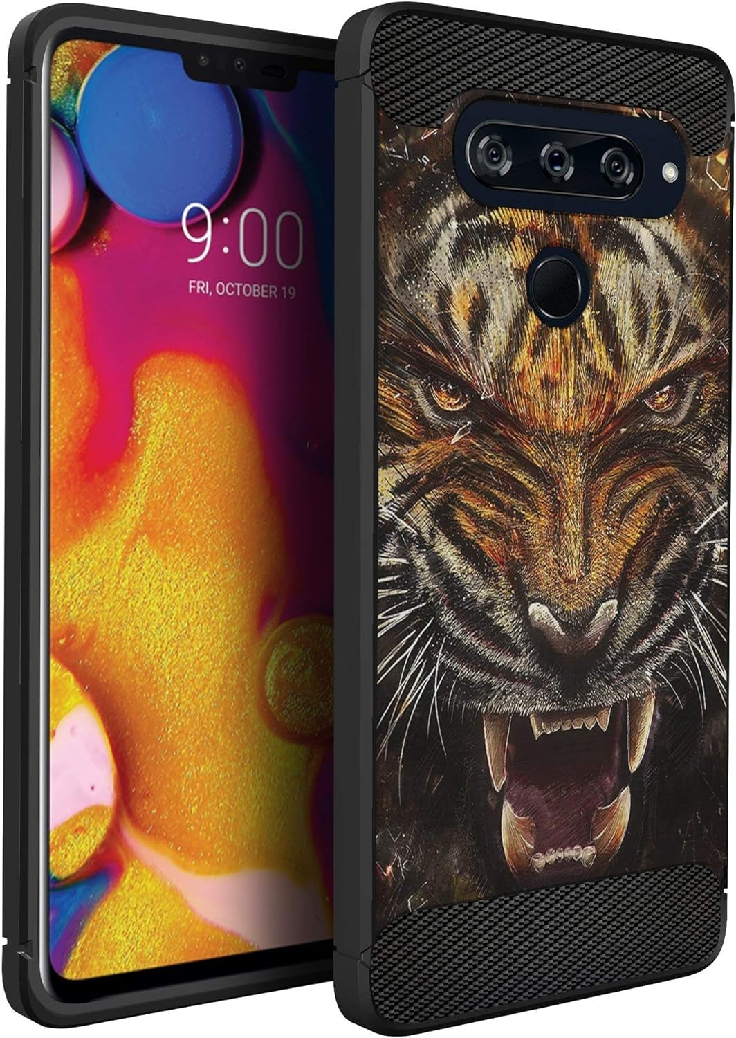 Casesondeck Slim Case Compatible with [LG V40 Thinq] Thin Scratch Preventing TPU, Matte Finish Carbon Fiber Texture Edges (Flower Skull)  CasesonDeck Fierce Tiger  