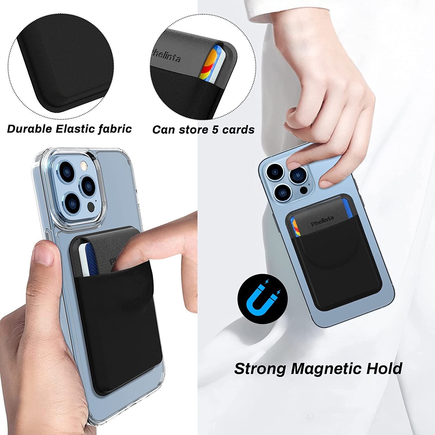 Magnetic Wallet for Iphone 14 13 12 Series, for Mag-Safe Wallet Card Holder Compatible with Iphone 14 Pro Max/14 Plus/14/13 Pro Max/13/12 Pro Max/12, Stretchy Fabric Magnetic Card Holder with Flap  Phelinta   