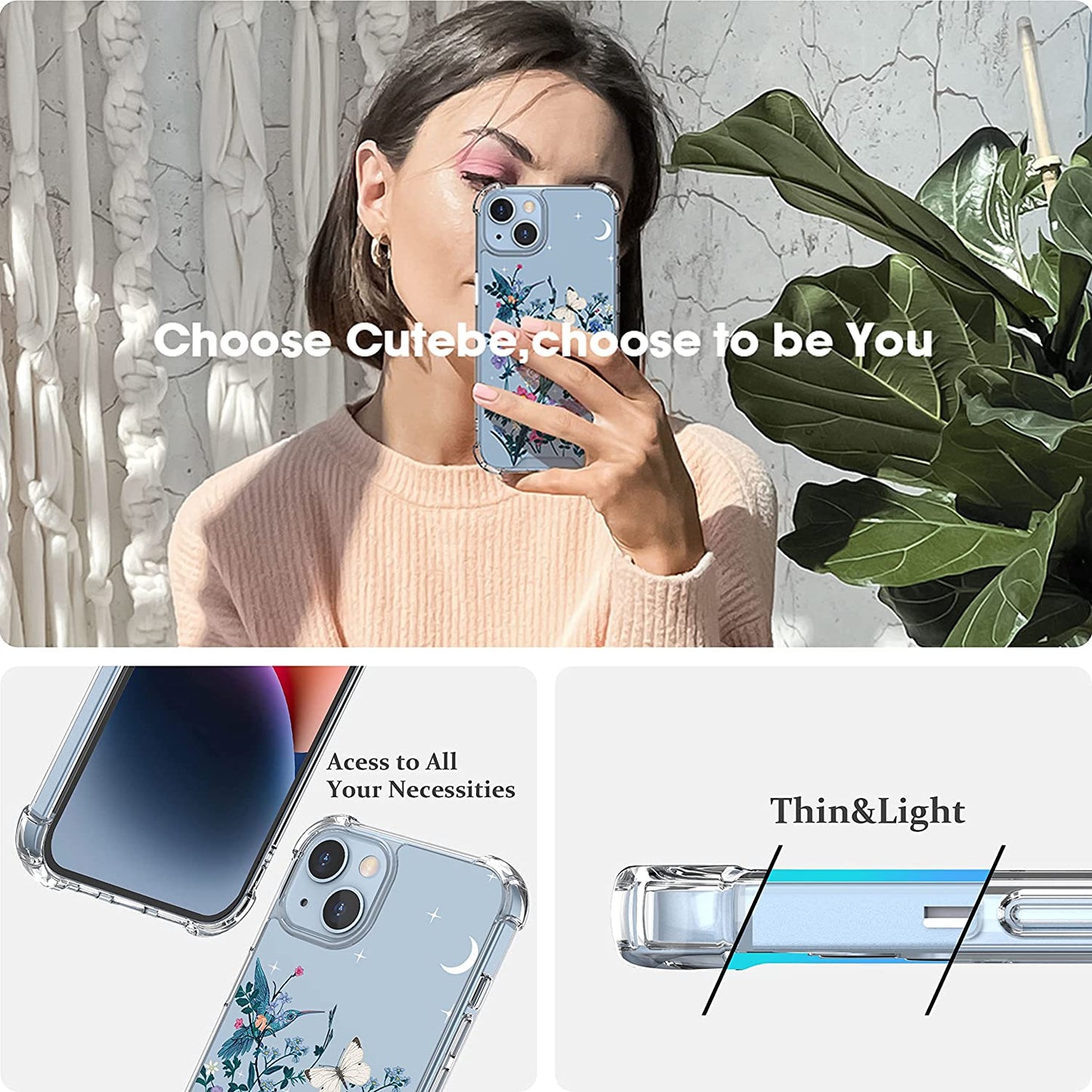 Cutebe [3 in 1 Crystal Phone Case for Iphone 13(2021)/Iphone 14(2022) 6.1", Cute Protective Cover with 9H Temper Glass Screen Protector + HD Temper Camera Lens Protector for Women, Girls  Cutebe   