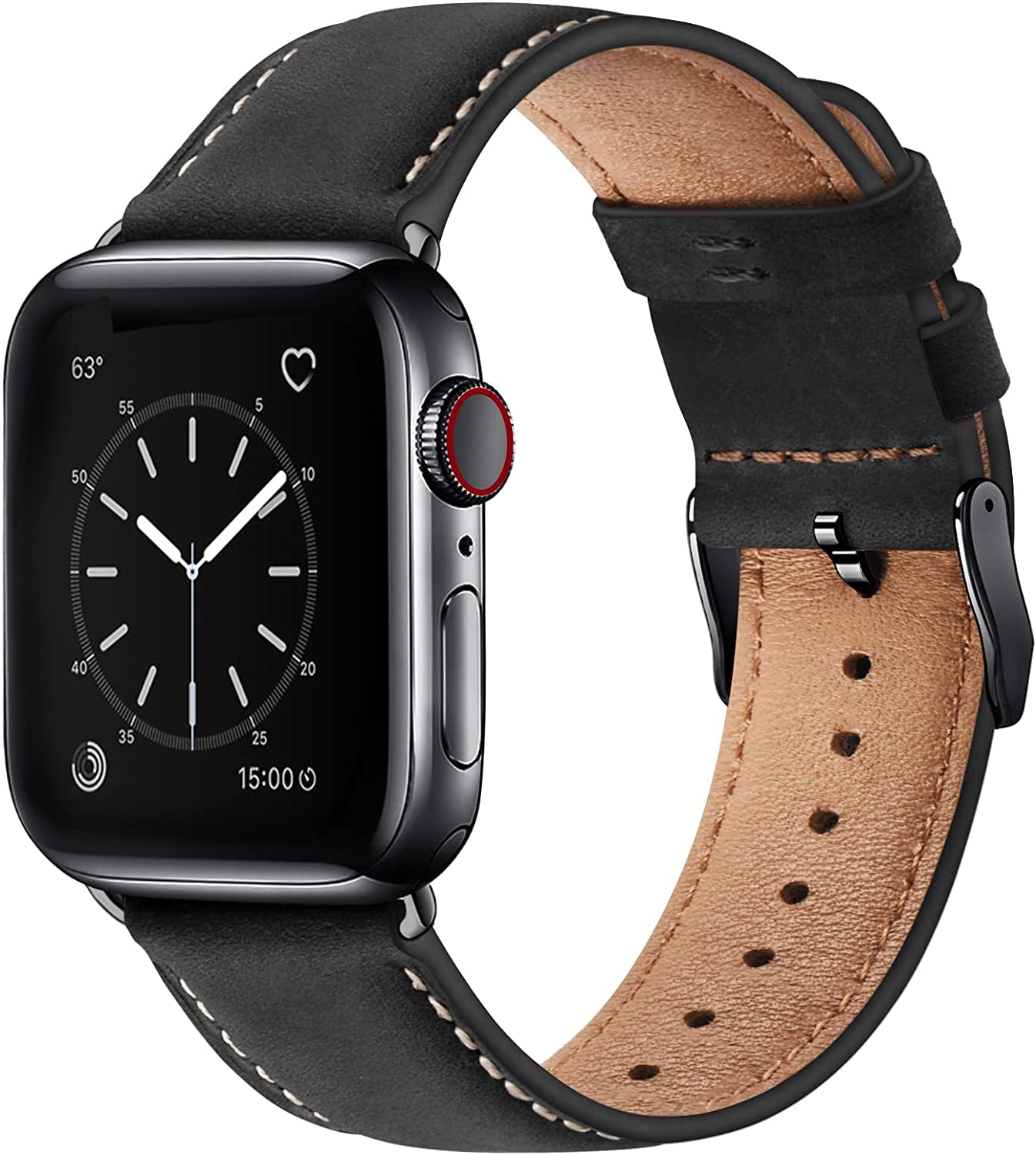 SUNFWR Leather Bands Compatible with Apple Watch Band 49Mm 45Mm 44Mm 42Mm for Men Women, Top Grain Genuine Leather Replacement Strap for Iwatch Ultra SE2 SE Series 8 7 6 5 4 3 2 1  SUNFWR Black/Black 38mm 40mm 41mm 