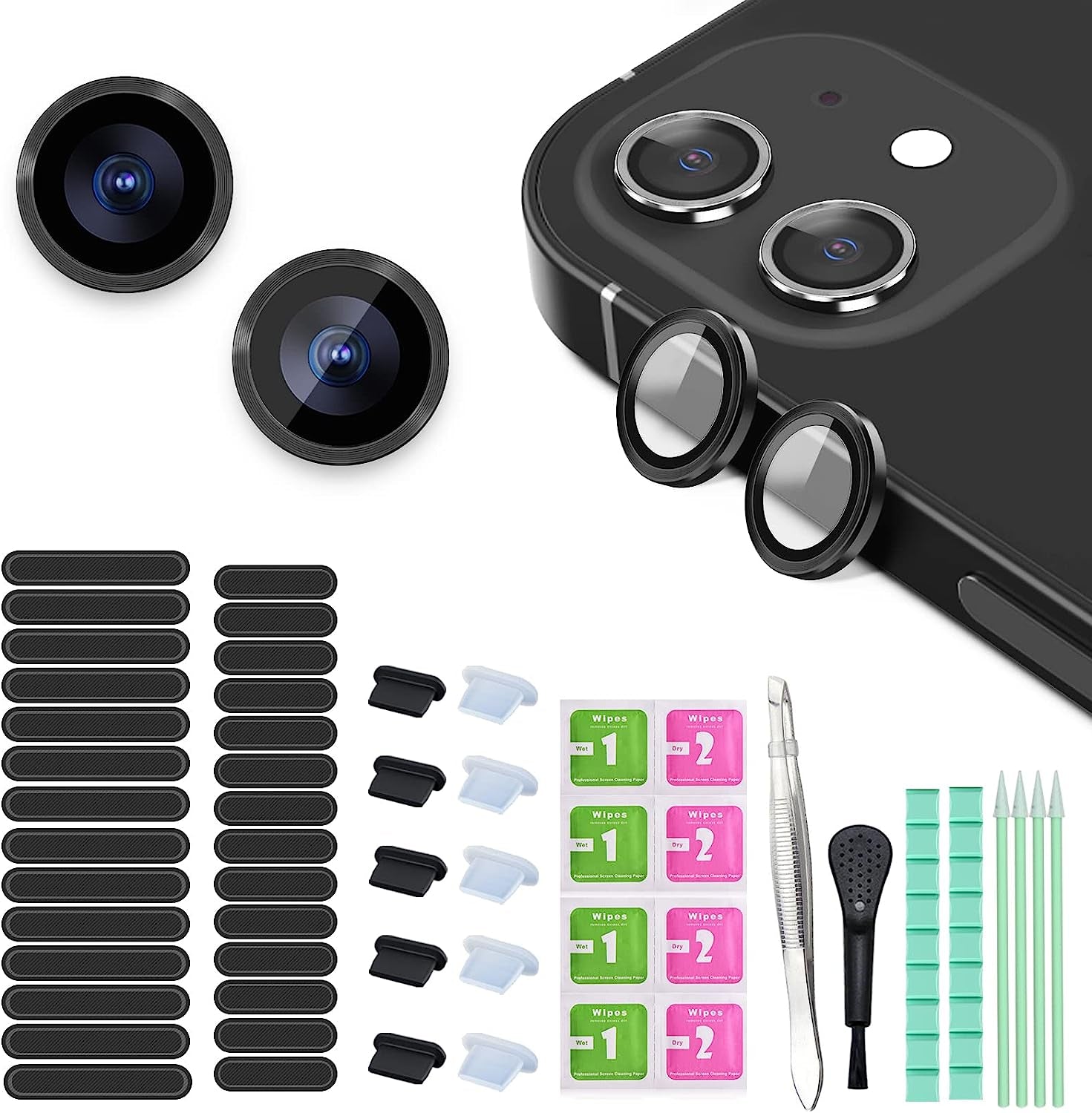 16 PCS Iphone Metal Speaker Dust Cover (8PCS Black and 8PCS Silver) 2PCS Iphone Metal Dust Plug 10PCS Silicone Dust Plugs,With Cleaning Tools Compatible Iphone 12/13 /14 Pro/Pro Max/Iphone Series  Pohgelan black iphone 11/12/12mini 