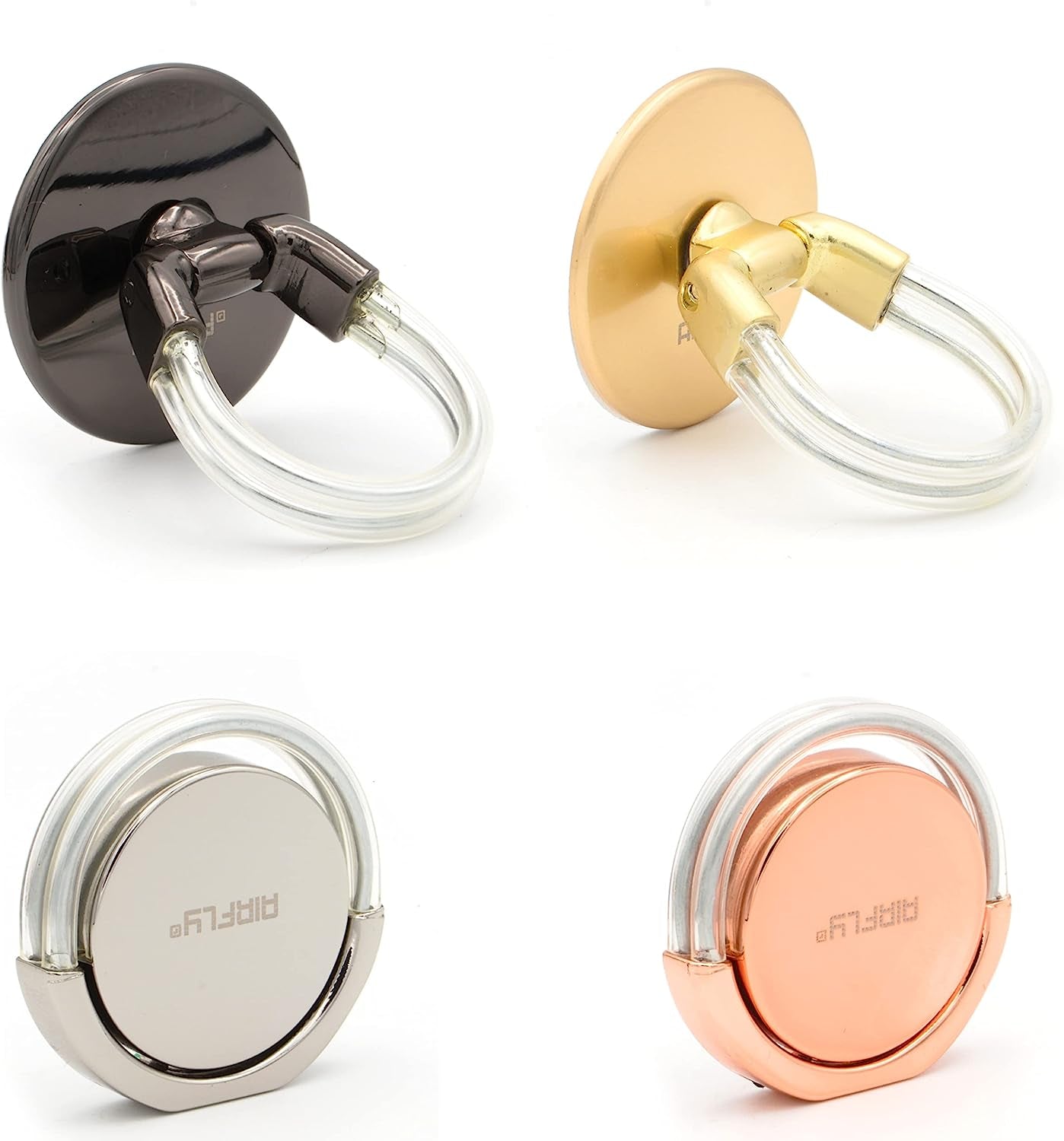 Airfly Phone Finger Ring Holder, 4 in 1, Universal Metal Phone Ring, Table Stand Kickstand, Car Vent Mount, Finger Grip Compatible All Smartphones, Black  AirFly SF Black, Gold-Matte, Rose-Ring,Silver-Ring  