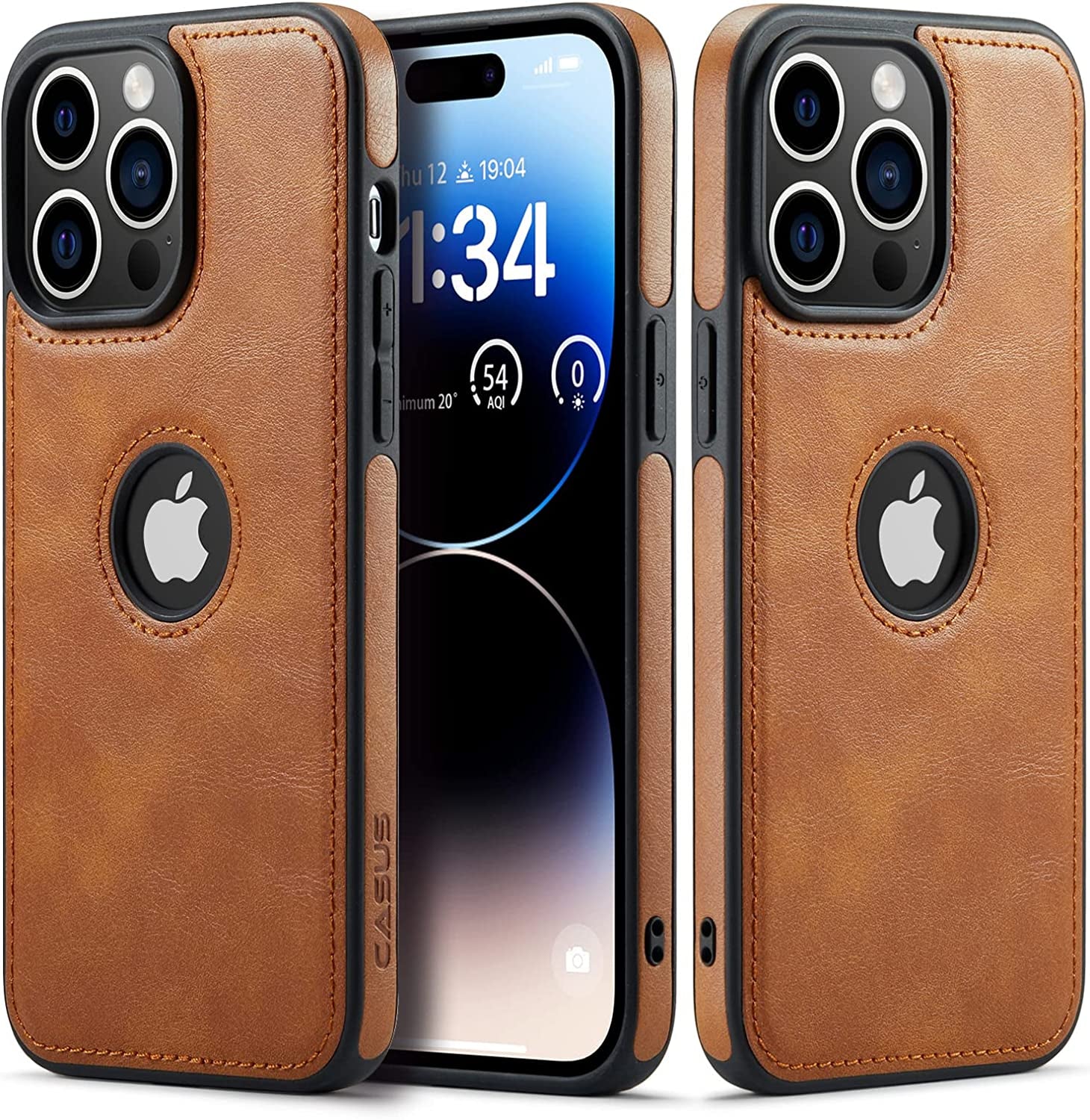 Casus Designed for Iphone 14 Pro Max Case Vegan Leather Slim Logo View Classic Luxury Elegant Thin Protective Cover (2022) 6.7" - Golden Brown  Casus   