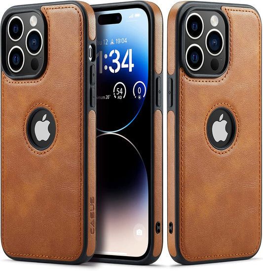 Casus Designed for Iphone 14 Pro Max Case Vegan Leather Slim Logo View Classic Luxury Elegant Thin Protective Cover (2022) 6.7" - Golden Brown  Casus   