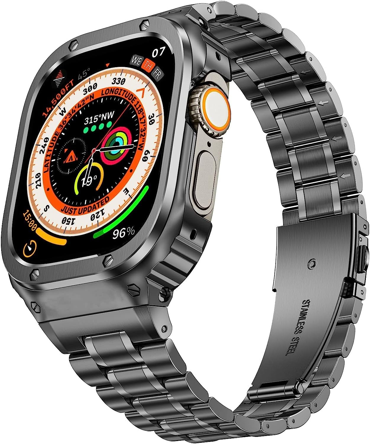 Miohhr Stainless Steel Watch Band with Case Compatible with Apple Watch Ultra (49Mm),Rugged Strap with Metal Protective Bumper Cover for Iwatch Band Men (Silver)  MioHHR Grey-49 49mm(Ultra） 