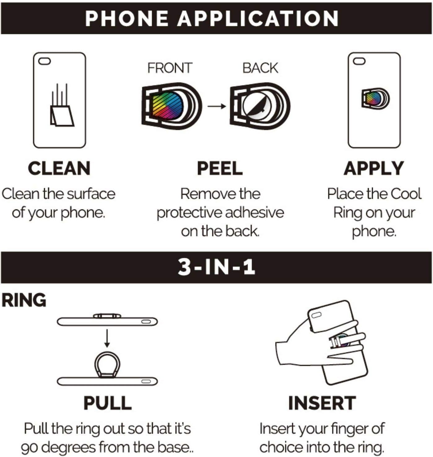 Airfly Phone Finger Ring Holder, 4 in 1, Universal Metal Phone Ring, Table Stand Kickstand, Car Vent Mount, Finger Grip Compatible All Smartphones, Black  AirFly SF   